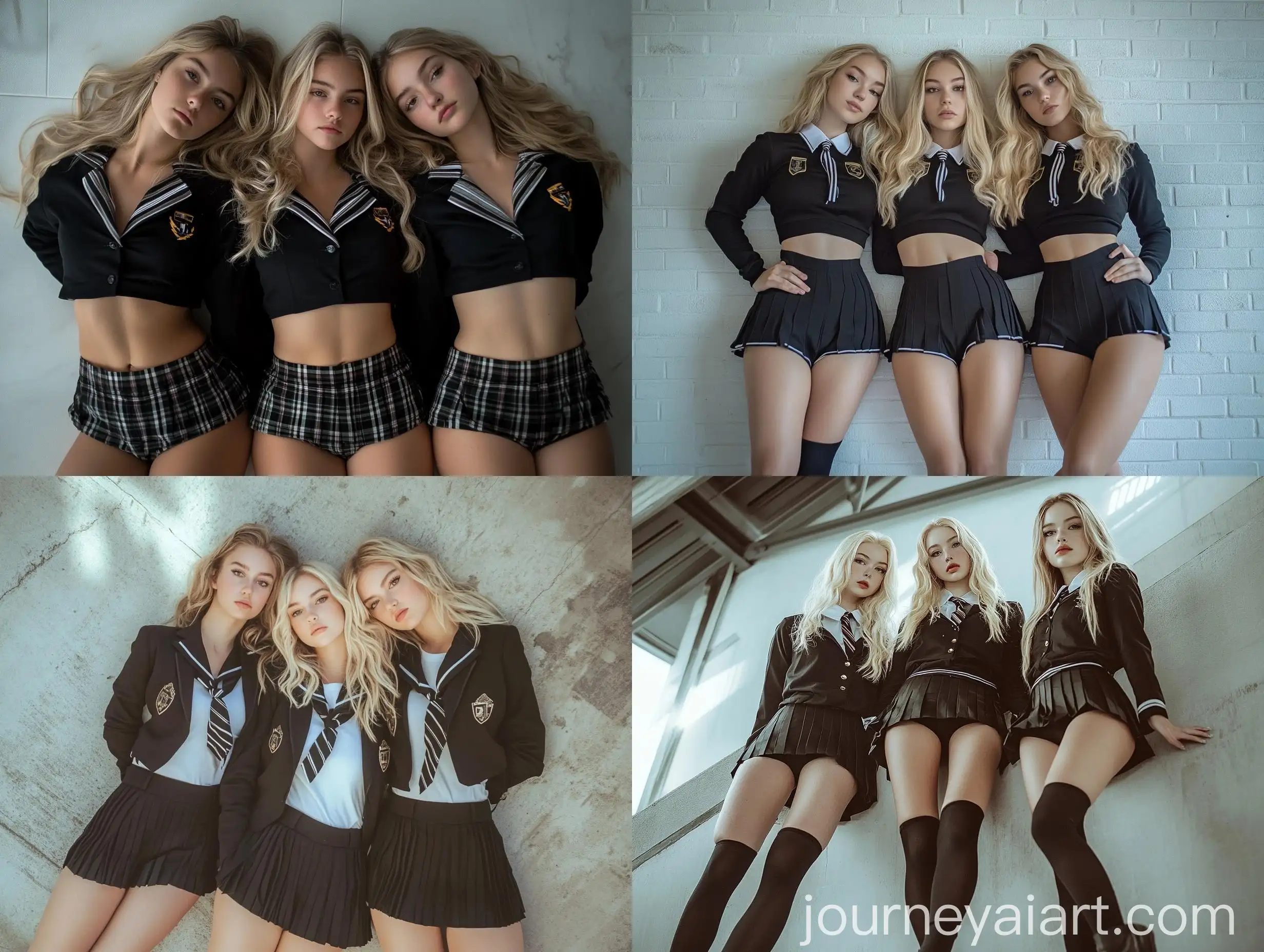 Three-Blonde-Women-in-School-Uniforms-Posing-at-Photography-Studio