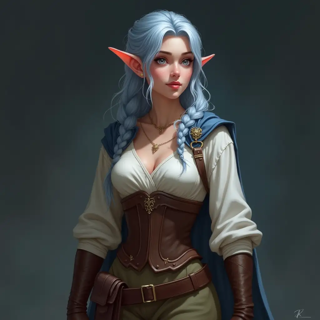 D&D-style female elf, portrait/icon design, semi-realistic fantasy style. Mid-20s, average height, slim curvy build, pale shimmering skin. Medium-length  light blue hair in a loose braid with face-framing bangs. Silvery and narrow eyes, calm tired expression. Mature face, high cheekbones, sharp jawline, delicate features. Outfit: White blouse under brown corset, earthy trousers, sturdy boots, cloak. Confident dynamic pose. Soft even lighting, solid dark grey background. Intricate details, sharp focus, mystical atmosphere.