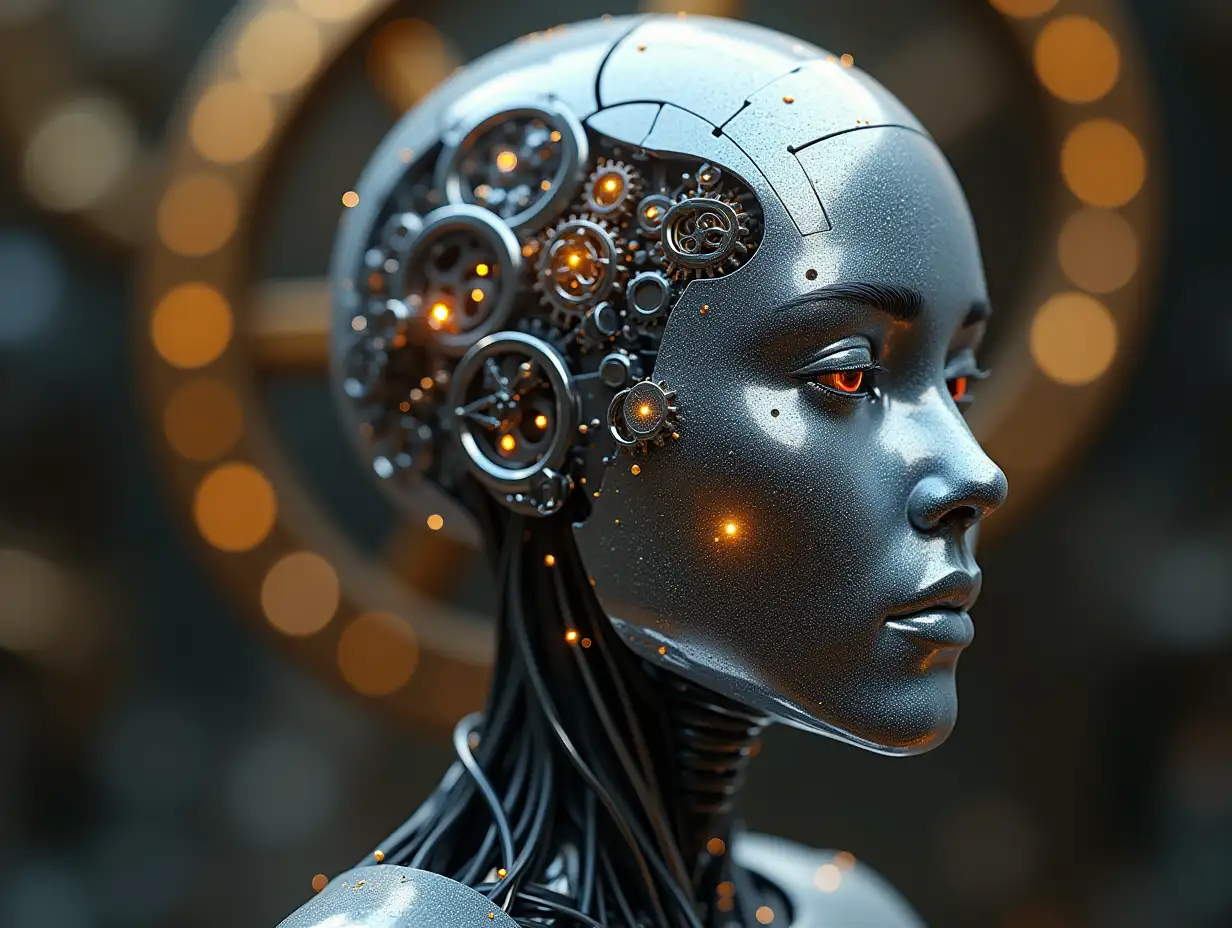 Create a high-resolution, realistic image of an artificial intelligence with gears on the cheeks and a glass head with visible platinum brain with many gears, fiber optic cable bundles at the neck, LED light face 3d 4k resolution with background gold and silver ornaments background 