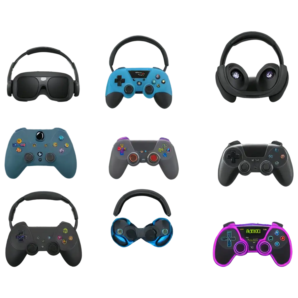 Design gaming icons, including controllers, VR headsets, game discs, and avatars, with a vibrant, energetic style