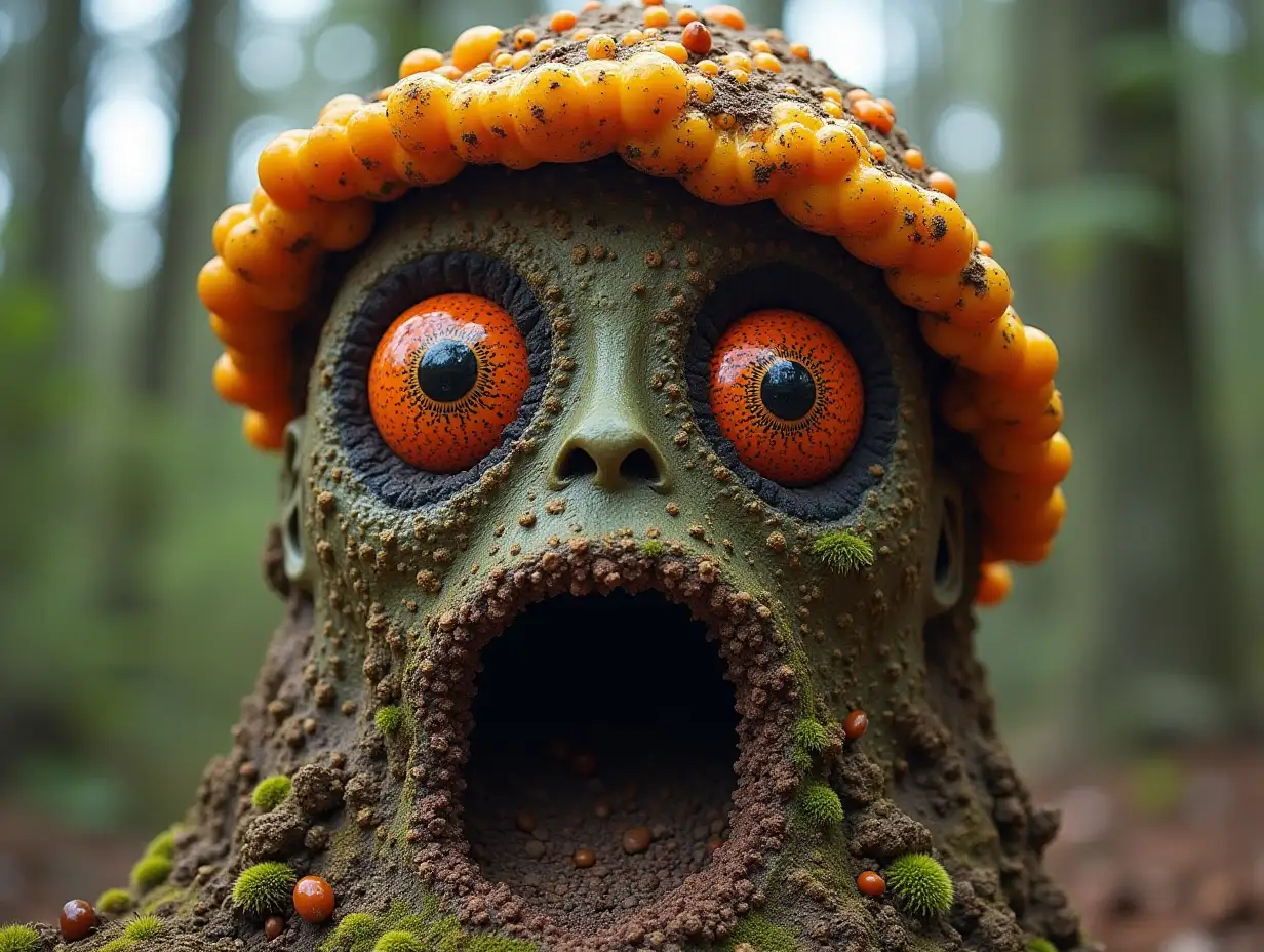 Face transformed into building with brown Fly Agaric roots