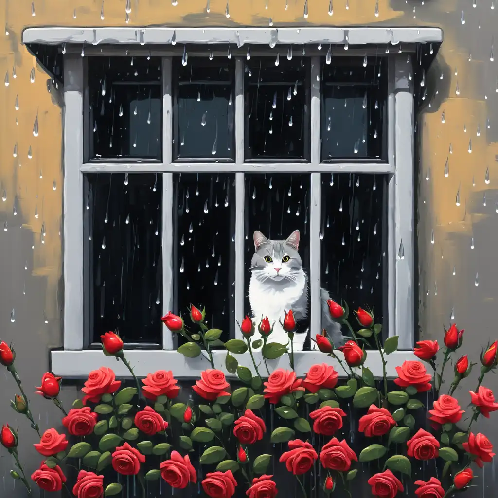 Detailed Oil Painting of a Cat in a Rainy Scene with Roses