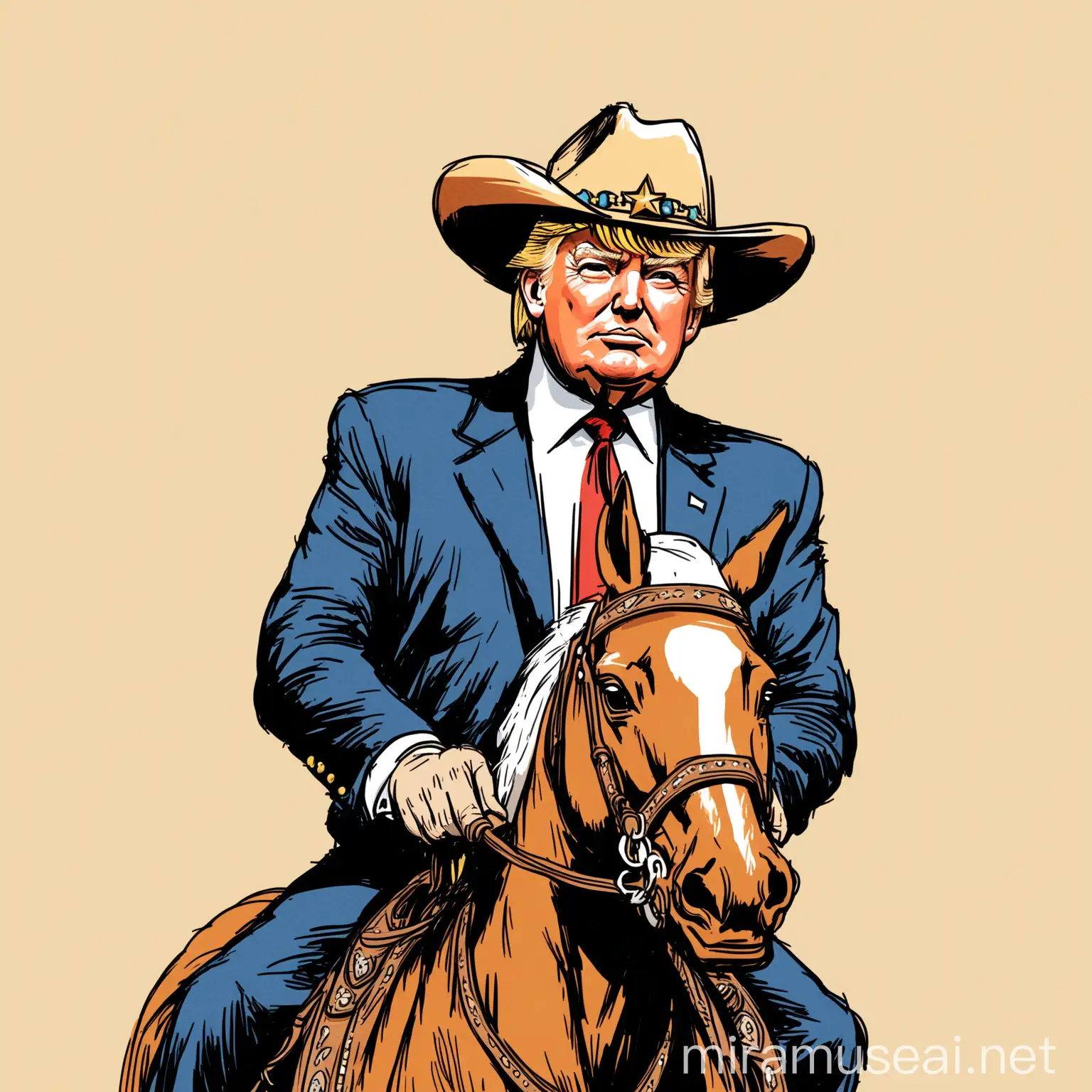 Handsome Donald Trump in Cowboy Hat Riding Horse HandDrawn Illustration