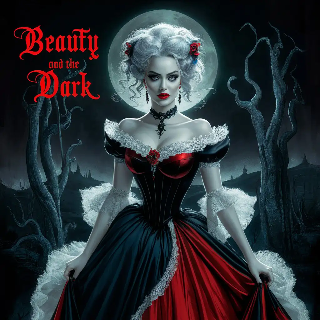 Tom Bagshaw style , color palette black blue red and white , beautiful woman horror style  beauty and the dark , words in red font 'beauty and the dark'