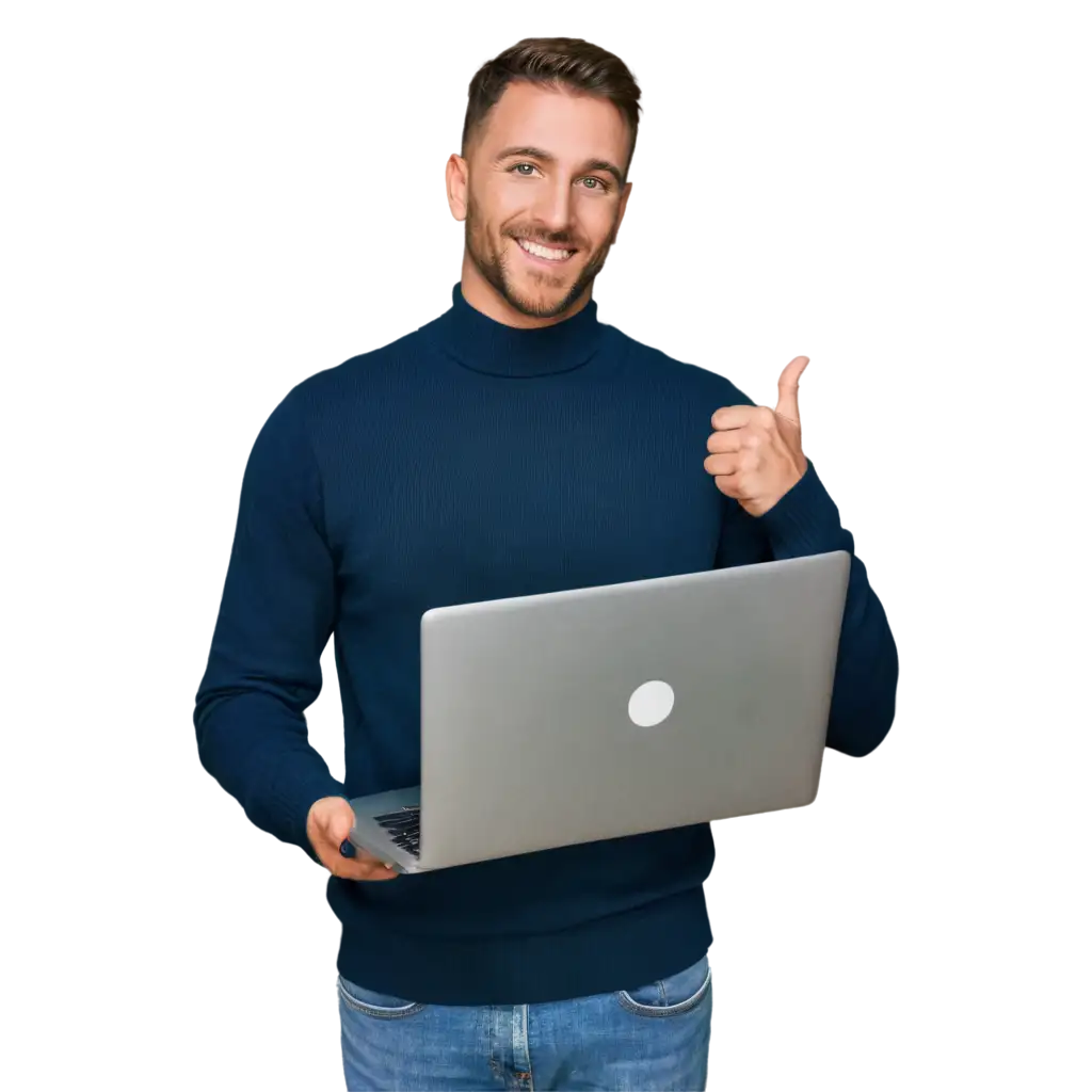 Ultra-Realistic-PNG-Image-of-a-Smiling-Man-Holding-and-Pointing-at-a-Laptop