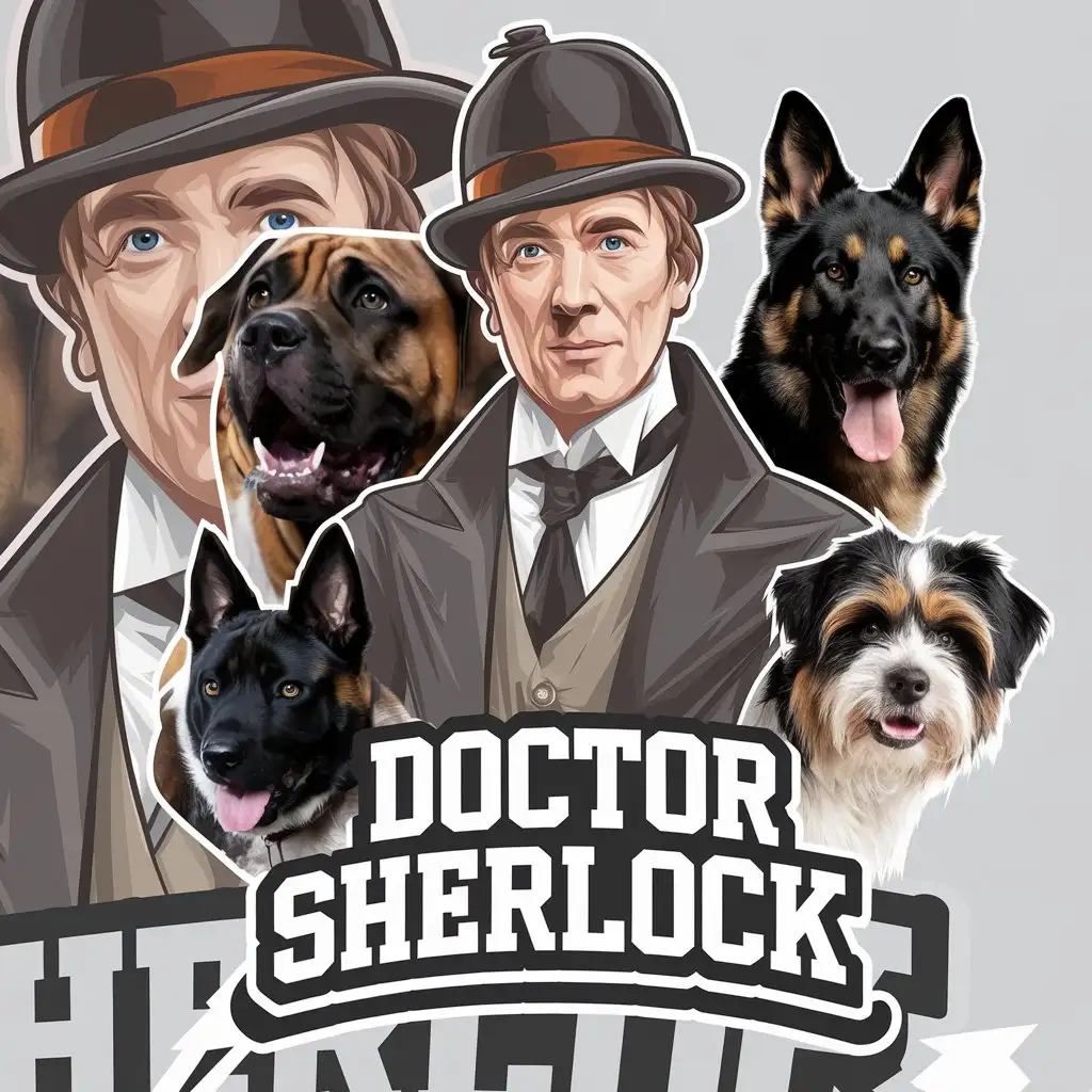 a vector logo design,with the text "Doctor Sherlock", main symbol:a man with my face and the appearance and manner of a professor, wearing Sherlock Holmes' clothes, and a picture of an Italian mastiff dog biting and pictures of another breed of German shepherd dog colored black and a picture of another breed of Shitzu dog,complex,be used in Animals Pets industry,clear background