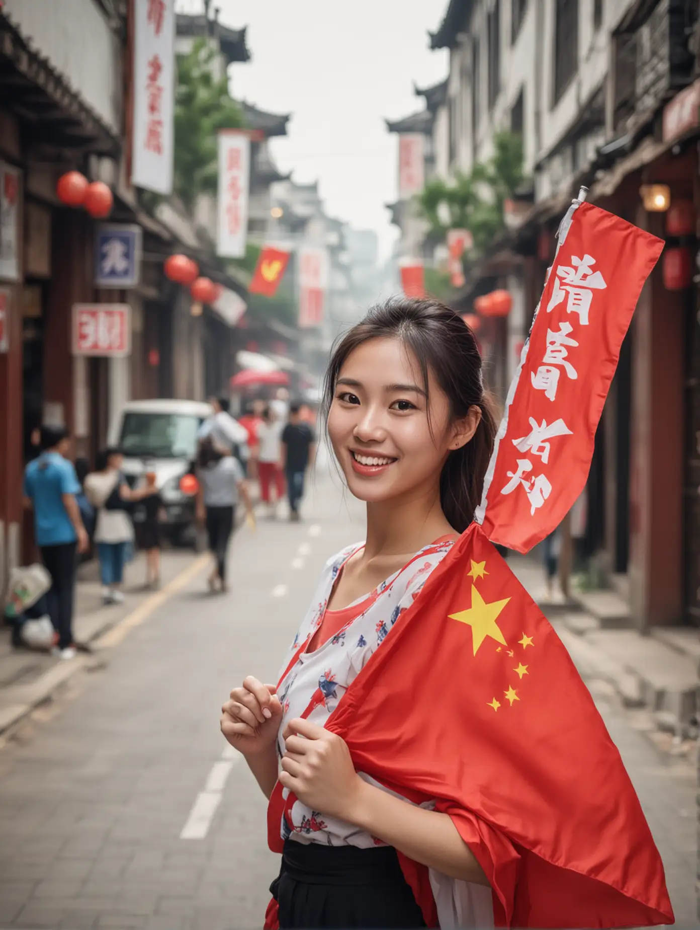 Smiling-Chinese-Woman-Holding-Flag-on-Busy-Street