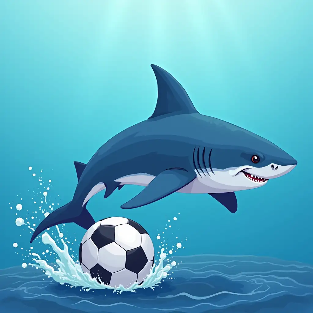 Blue shark with a gray gradient, heading a football inside the sea with little waves ⚽️