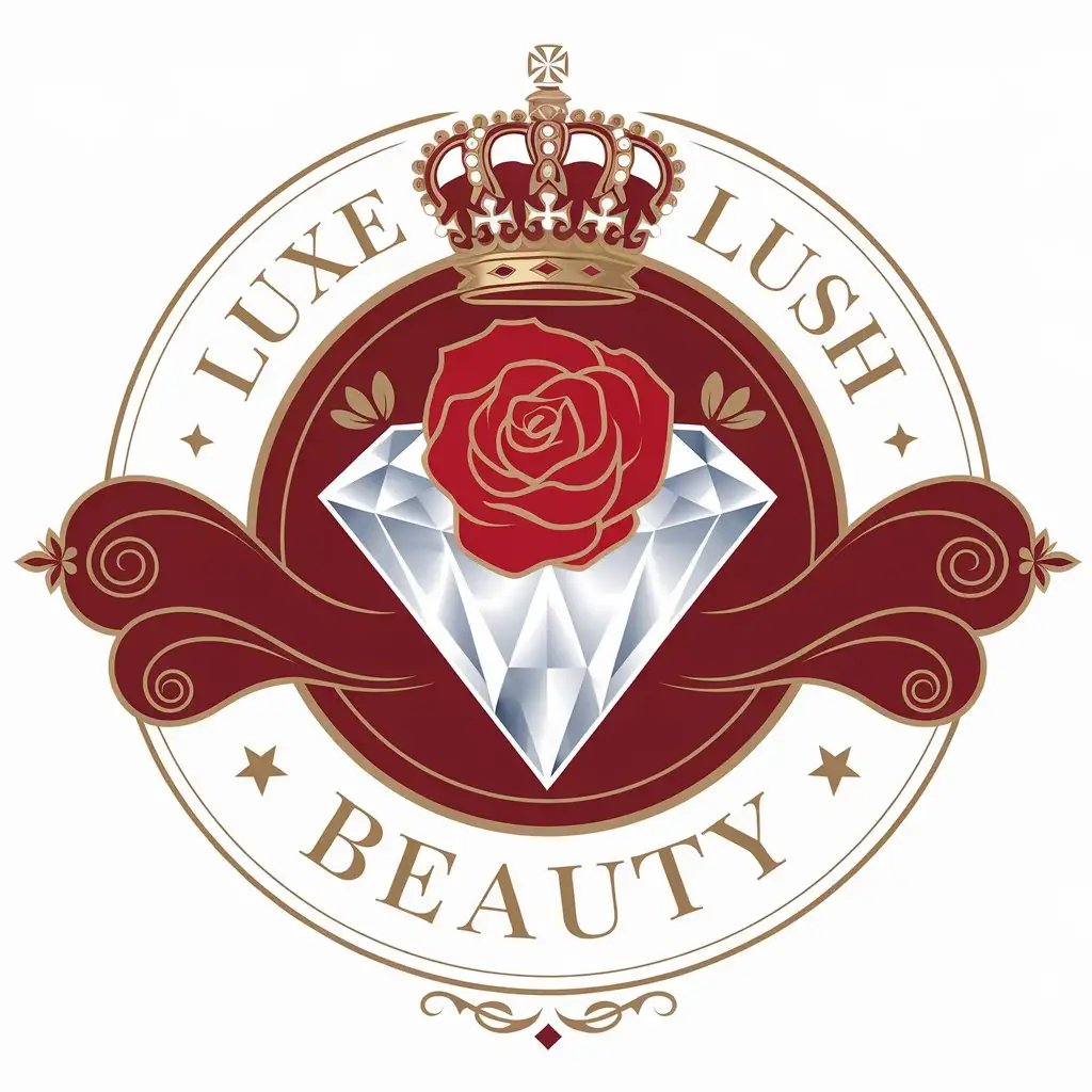 a vector logo design,with the text "Luxe & Lush Beauty", main symbol:hoa hồng, kim cương, vương niệm, màu vàng ánh kim, màu trắng,complex,be used in Beauty Spa industry,clear background