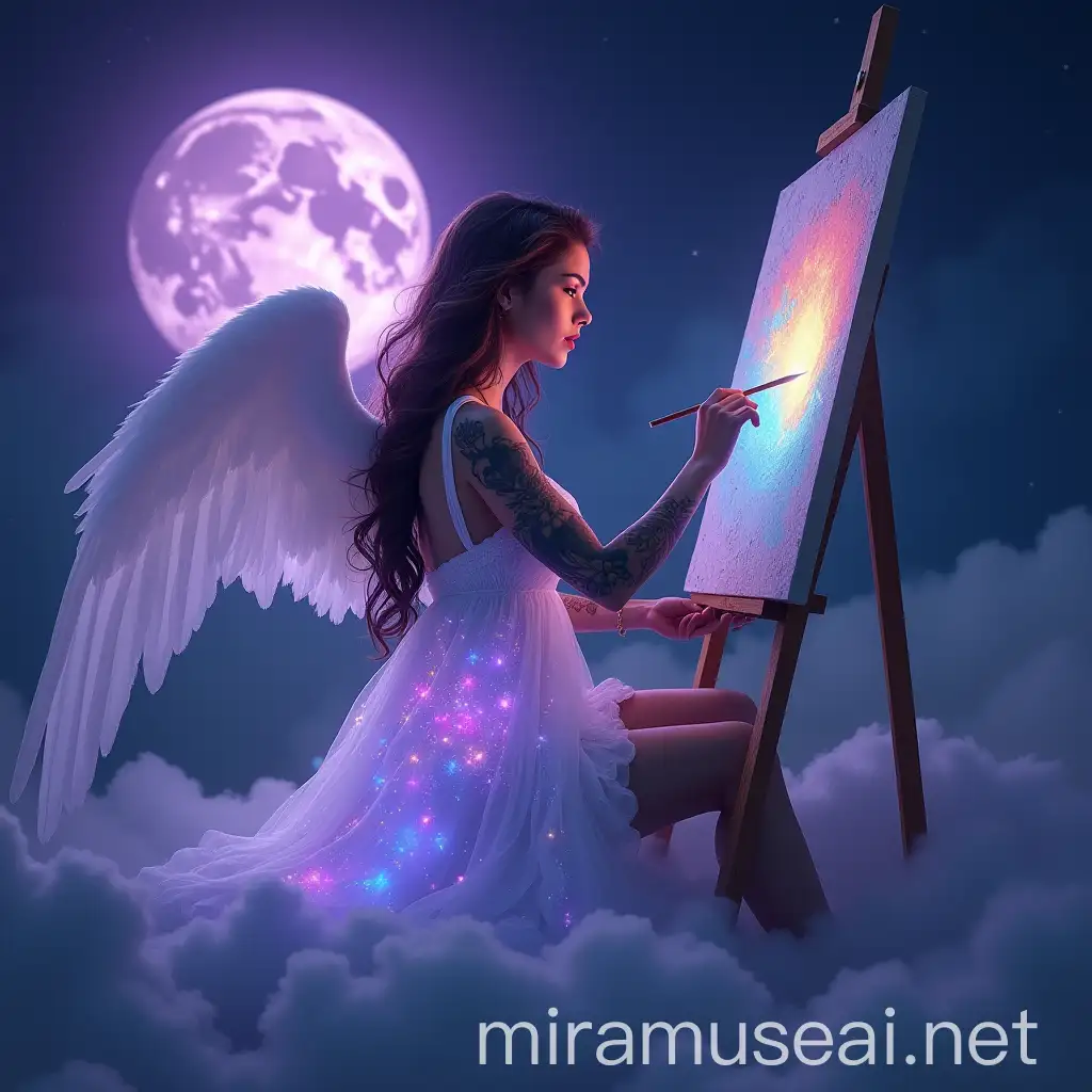 Beautiful Tattooed Woman Angel Painting on Canvas with Purple Moon