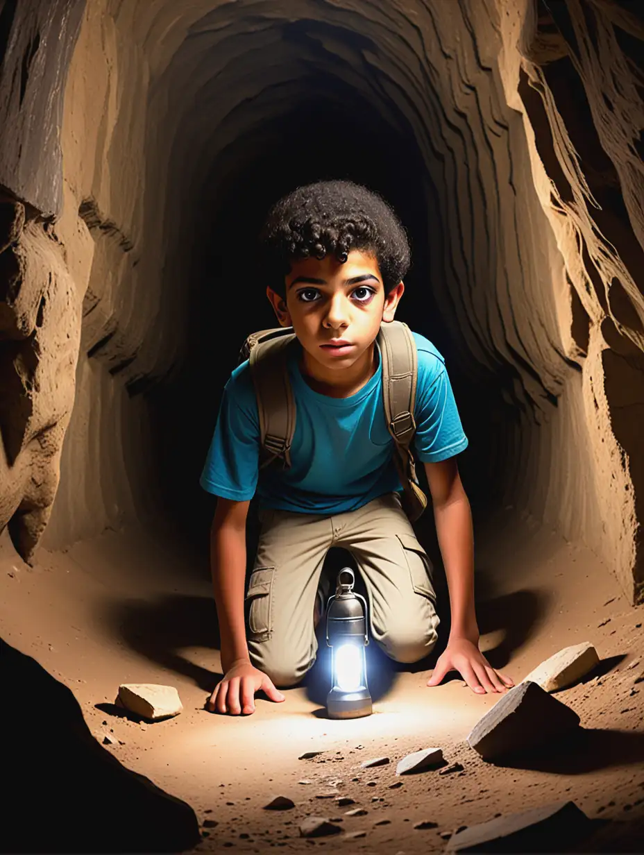 Egyptian Boy Exploring Dark Underground Caverns with Flashlight