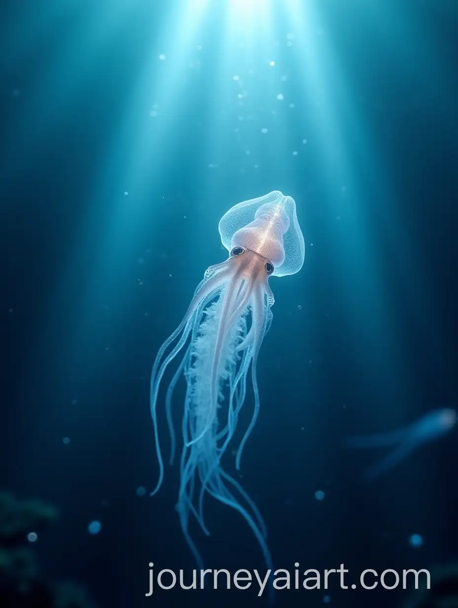 Transparent-Glass-Squid-Floating-in-the-Deep-Ocean-with-Blue-Light-Rays