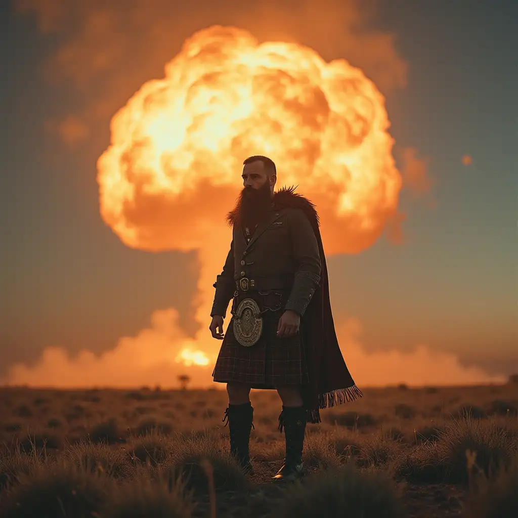 A kilted bearded Scottish highlander standing beneath an atomic bomb. Everything around him had been obliterated 