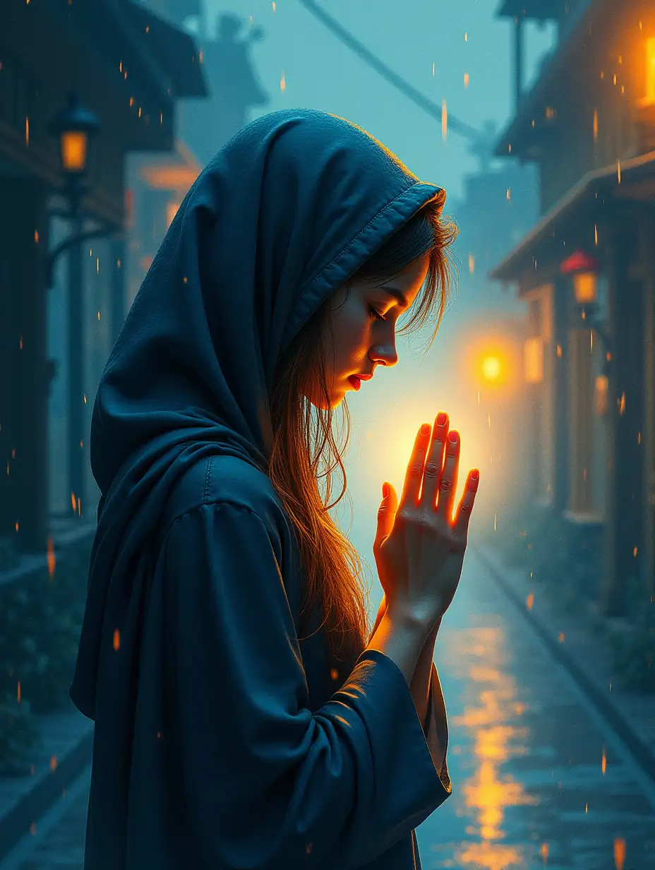 A beautiful veiled girl prays with her hands while the light shines around her, post impressionist watercolor | textured canvas 8k gorgeous rich watercolor colorful exterior , sketch art | japanese woodblock print rainy night Splash art Artstation intricately detailed detailed matte painting hyperdetailed dynamic lighting 64 megapixels intricate details, HDR beautifully shot, sharp focus, 64 megapixels perfect composition, high contrast, cinematic, atmospheric maximalist epic dark teal blue pink orange yellow gold cool colorgrading watercolor, wet brush, warm light, wet wash wet on dry, dark color, deep depth, color shading depth, ink details, pen ink and watercolor, low angle, elaborate, dark light, saturated, finely detailed, hyperdetailed, intricate, organic, striking, multilayered composition, advanced composition anime ink painting, liquid composition