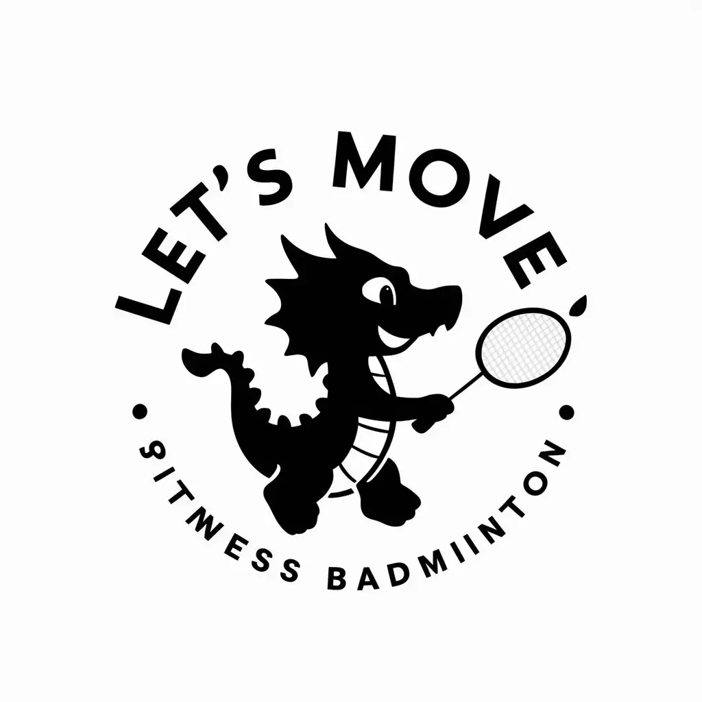 a vector logo design,with the text "Let's move!", main symbol:little dragon plays badminton,Moderate,be used in Sports Fitness industry,clear background