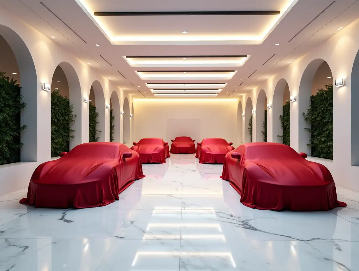 a luxurious white garage with marble on the floor with 6 cars parked diagonally  all cars covered with a red silk car cover, front top down visualization,  some greenery to make the place seem more alive, some perimeter LEDs around the cars and on the walls