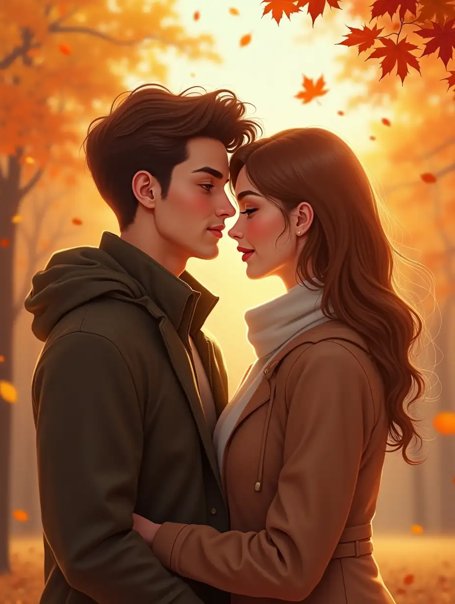 The characters are a modern couple in love, young and beautiful, a man and a woman of 25 years old. In modern stylish clothes. The season is warm autumn. The style is realism, digital painting. Aesthetically pleasing with a clear elaboration of details. Autumn background with autumn leaves flying in the air, with a light wind and with soft sunlight. Cinematically, in free poses, faces in the frame, calm expressions with a slight smile.