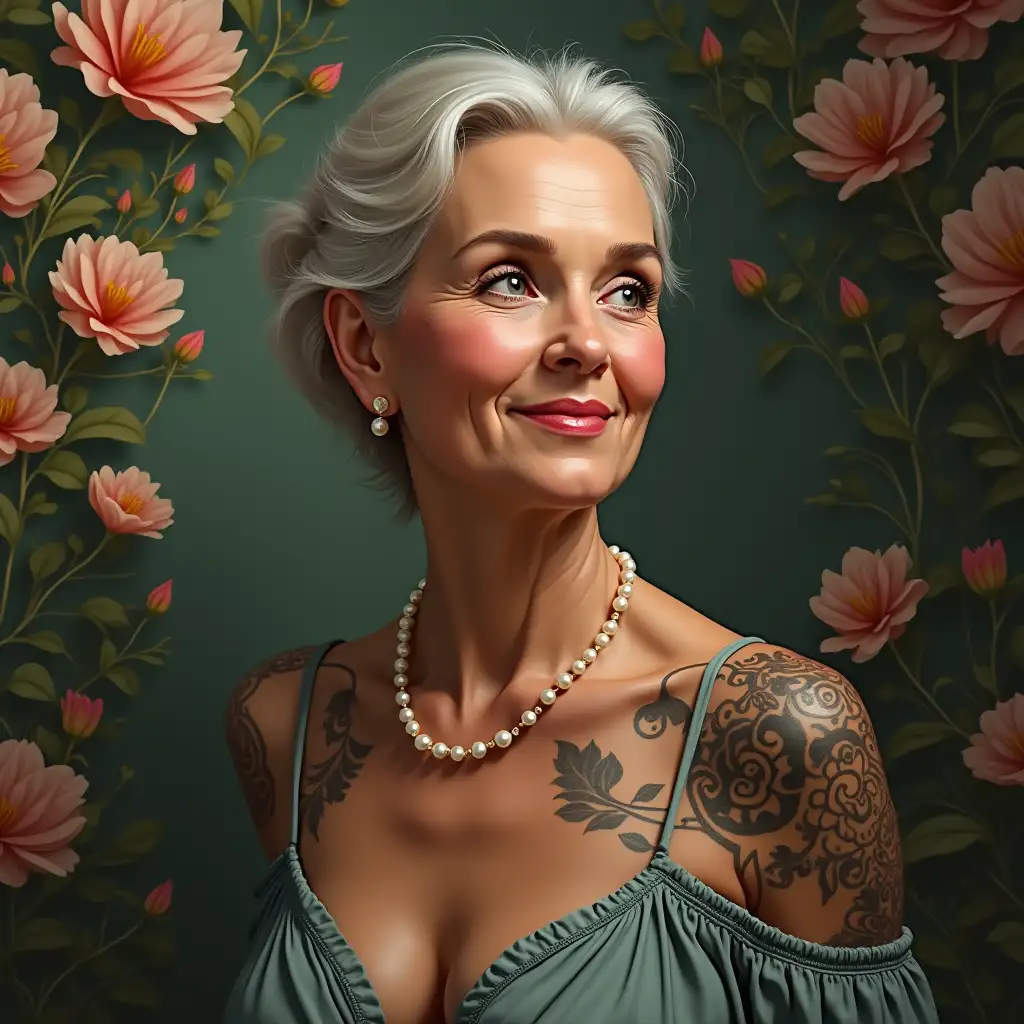 Creating a digital painting of a 50 year old woman with a pearl necklace, intricate tattoo in front of an elegant botanical garden wall and photorealistic love for detail in parts and lighting.