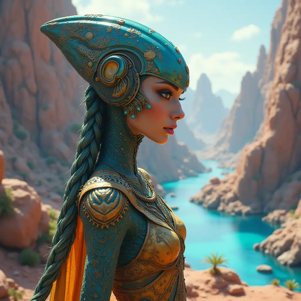 A hyperrealistic portrait of an alien queen on a planet with a futuristic river and intricately detailed, colorful, rocky background