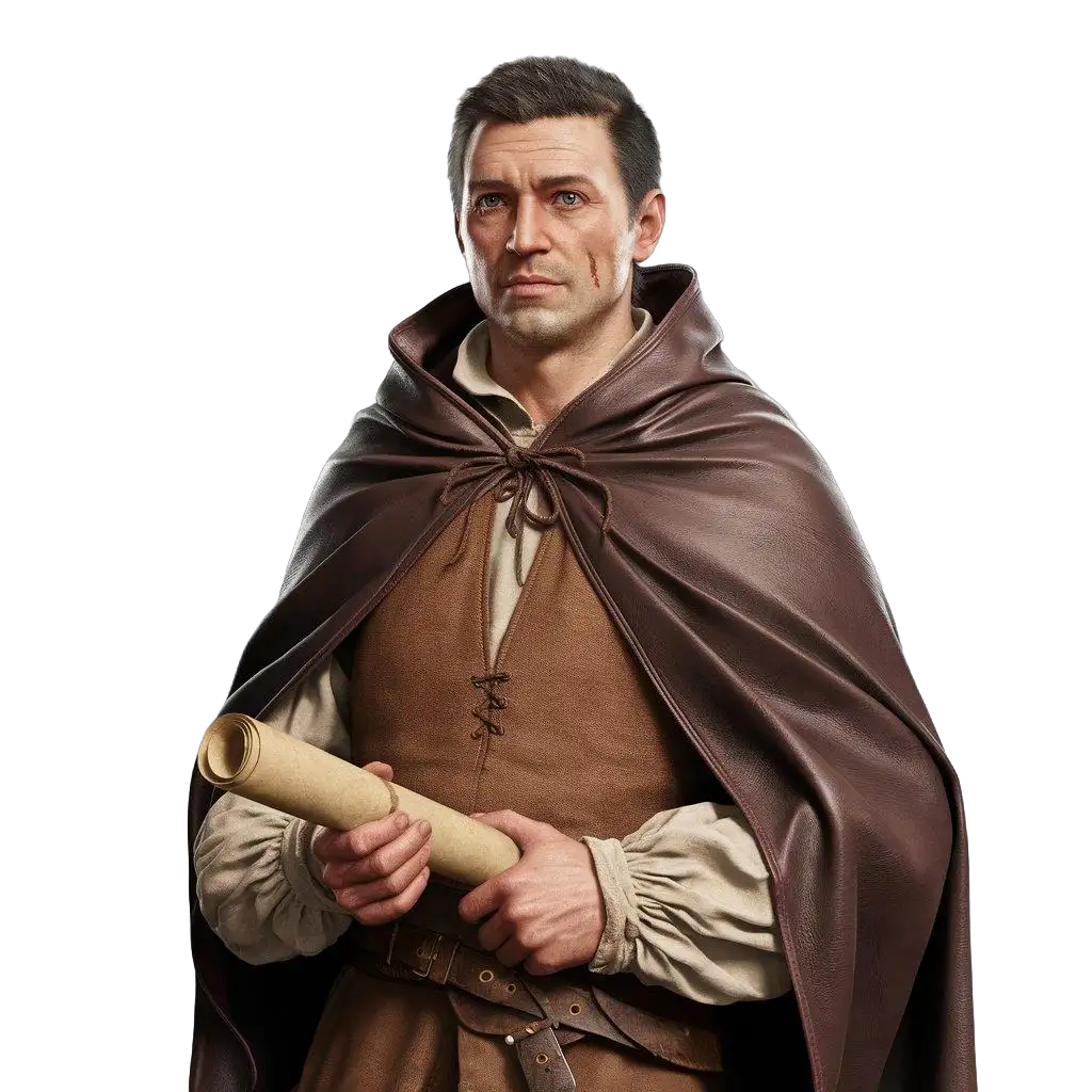 Medieval-Spy-in-Brown-Leather-Cloak-Standing-Against-Blank-Background