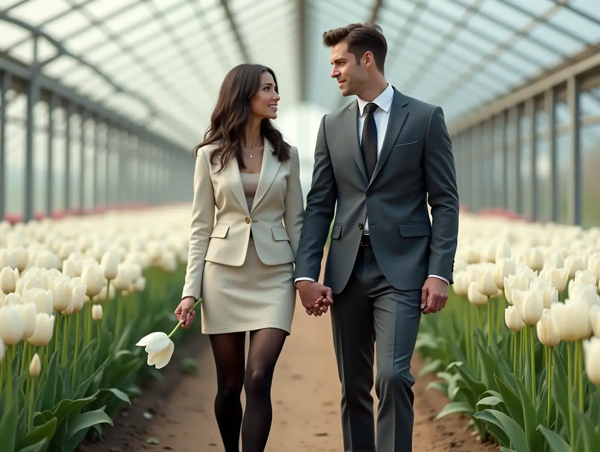 European-Muscular-Couple-in-Wedding-Attire-Walking-in-Greenhouse-with-White-Tulips