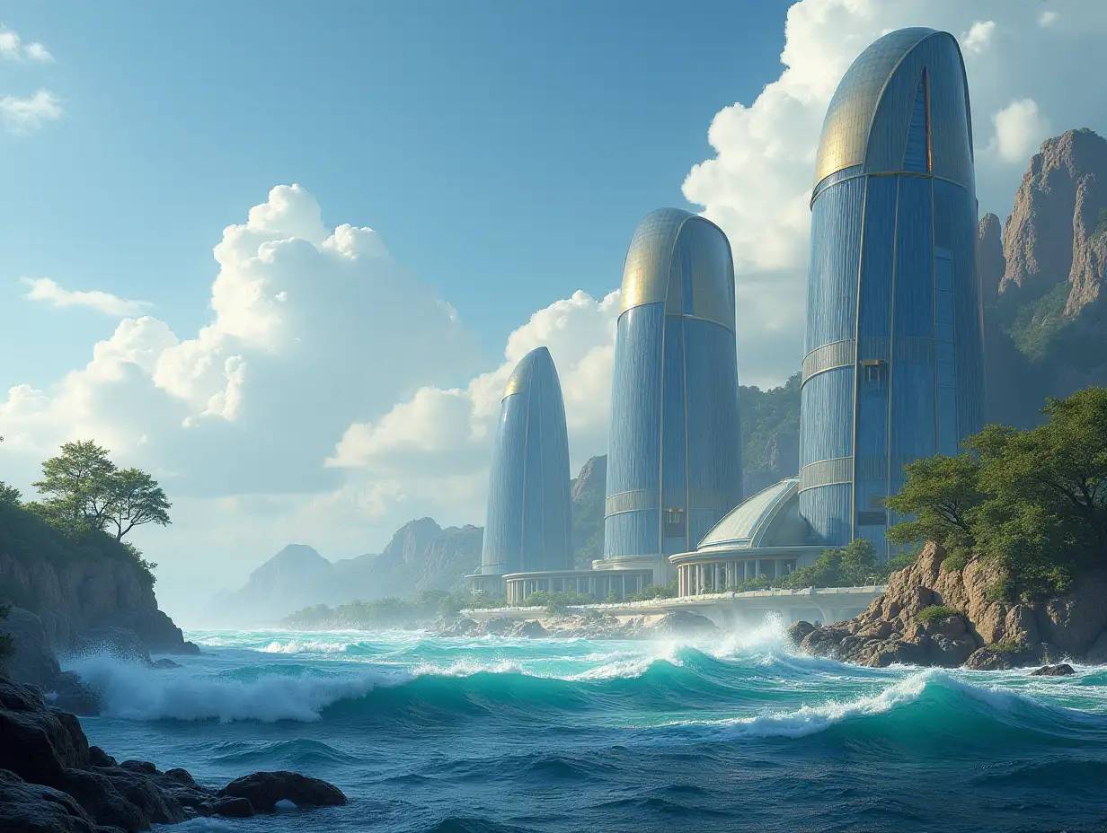 Create a high-resolution, realistic image of a futuristic very tall building with blue and gold sea with very large waves, big trees, rocky clouded sky