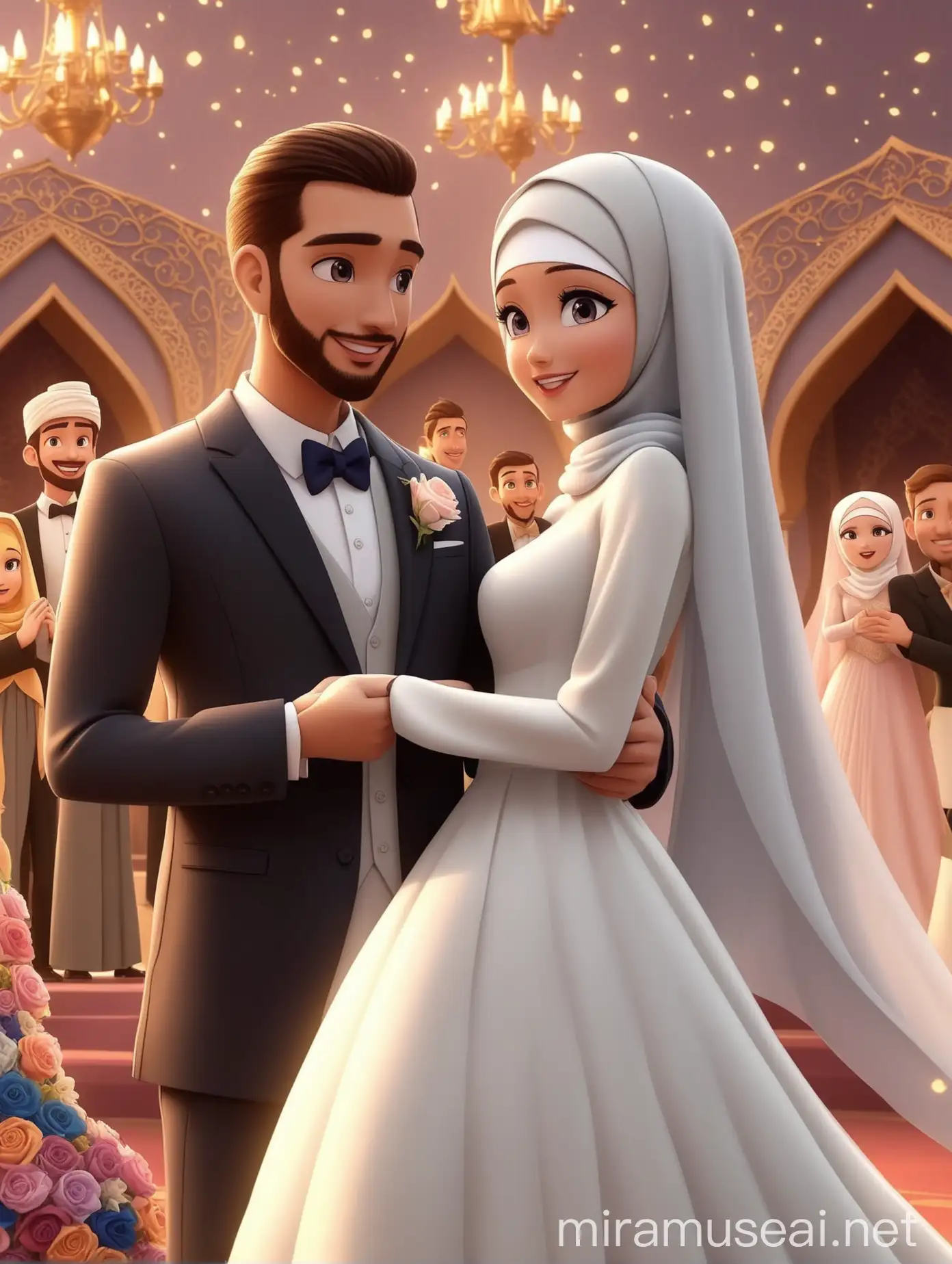 Disney Style Animation Groom and Woman in Hijab