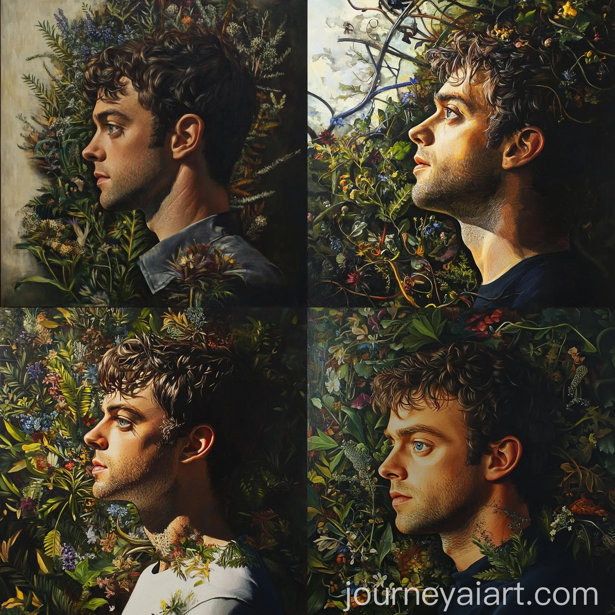 Botanical-Plants-Oil-Painting-with-Mans-Profile-in-Unique-Style