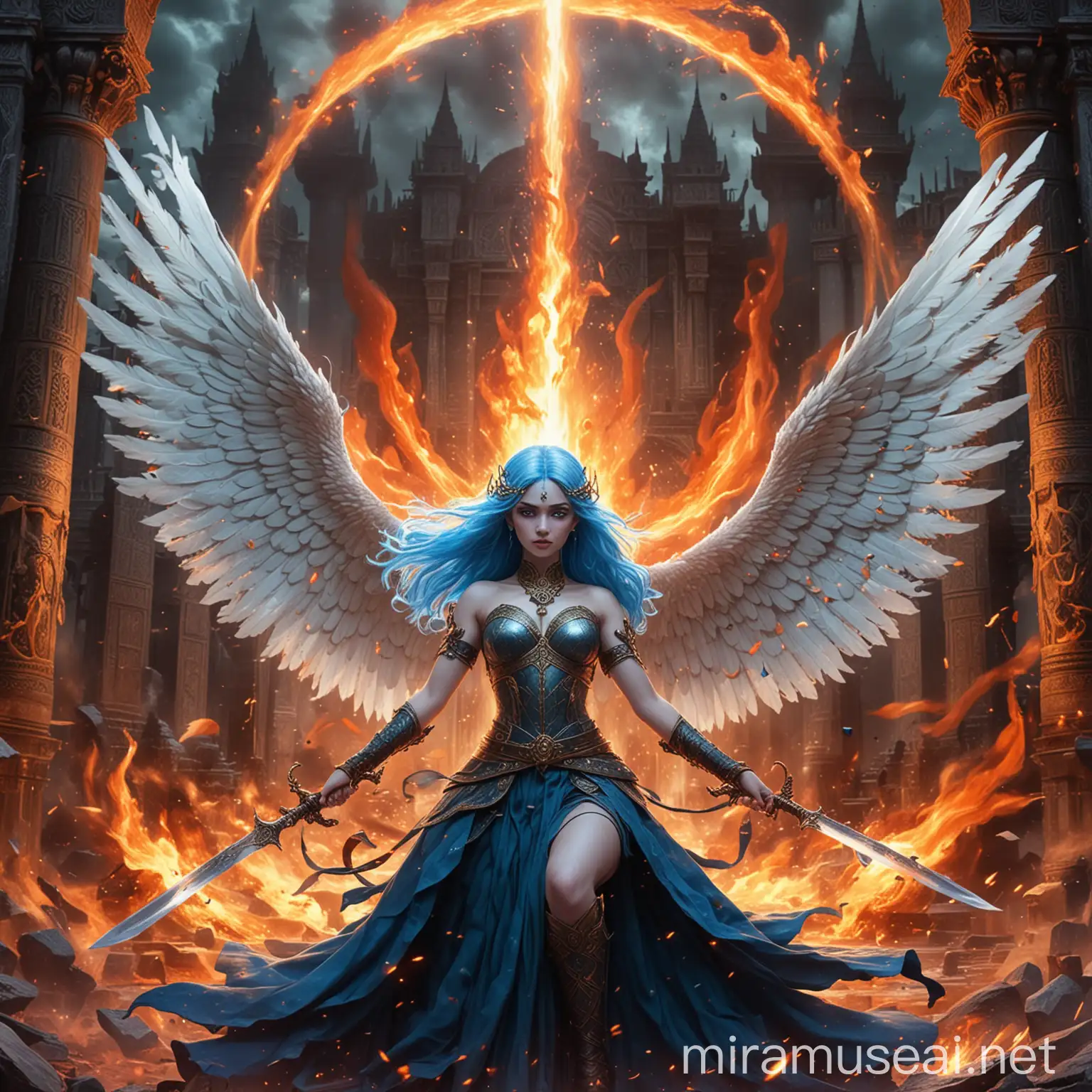 Majestic Goddess Empresses in Fiery Battle on Demonic Throne