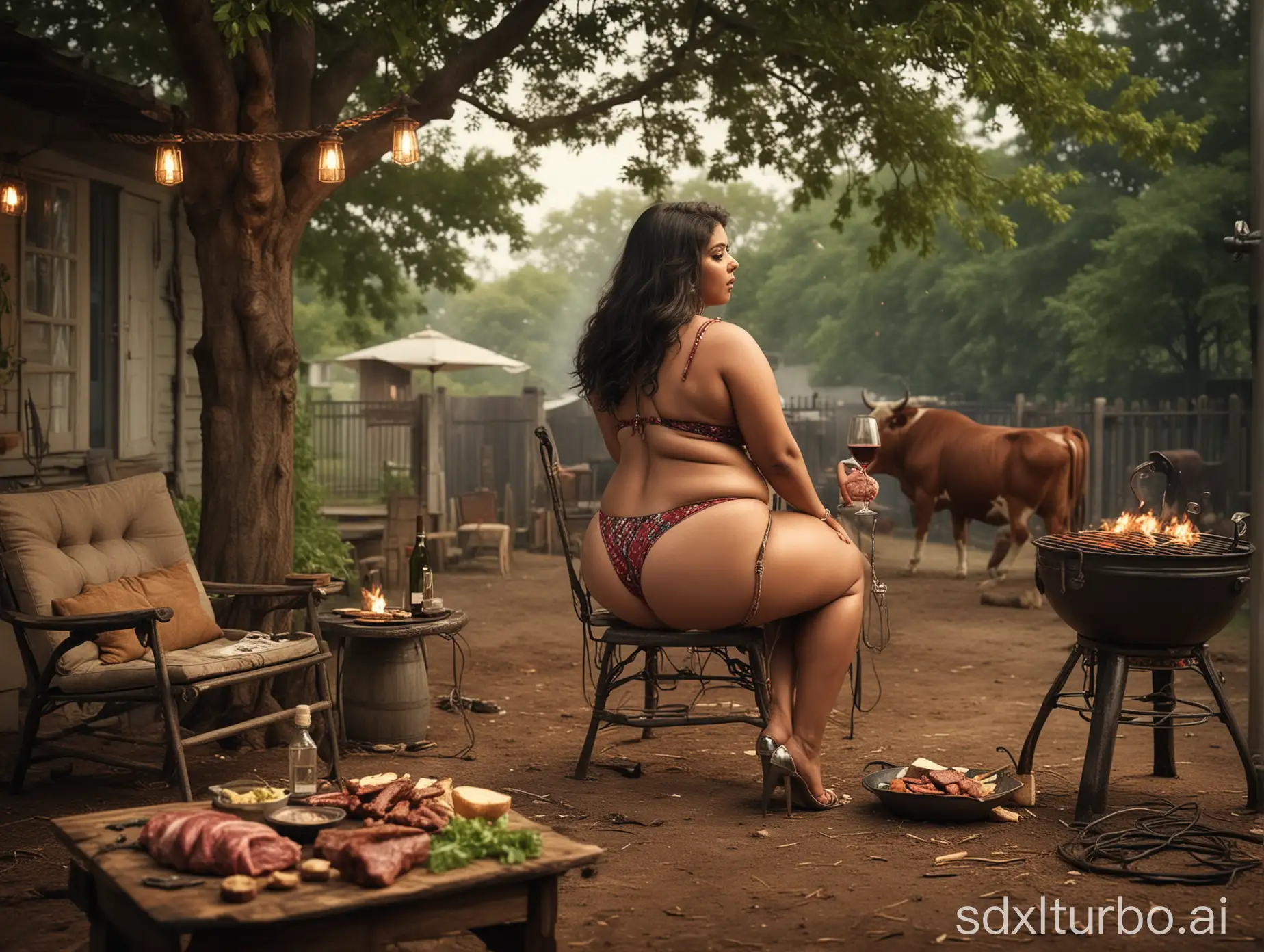 Chubby-Indian-Woman-in-Bikini-and-Jewelry-Grilling-Beef-Outdoors