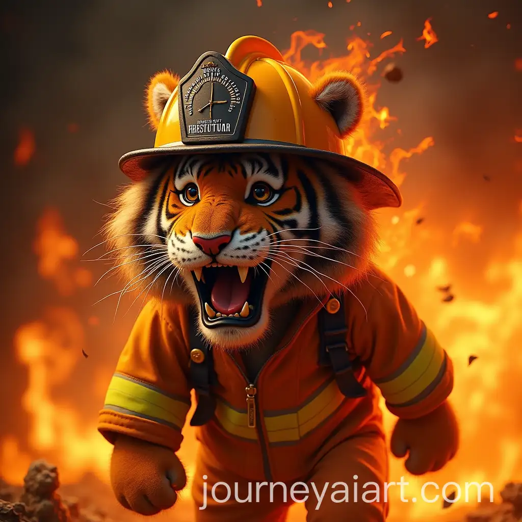Curly-Tiger-Roaring-Among-Flames-with-Firefighters-Helmet