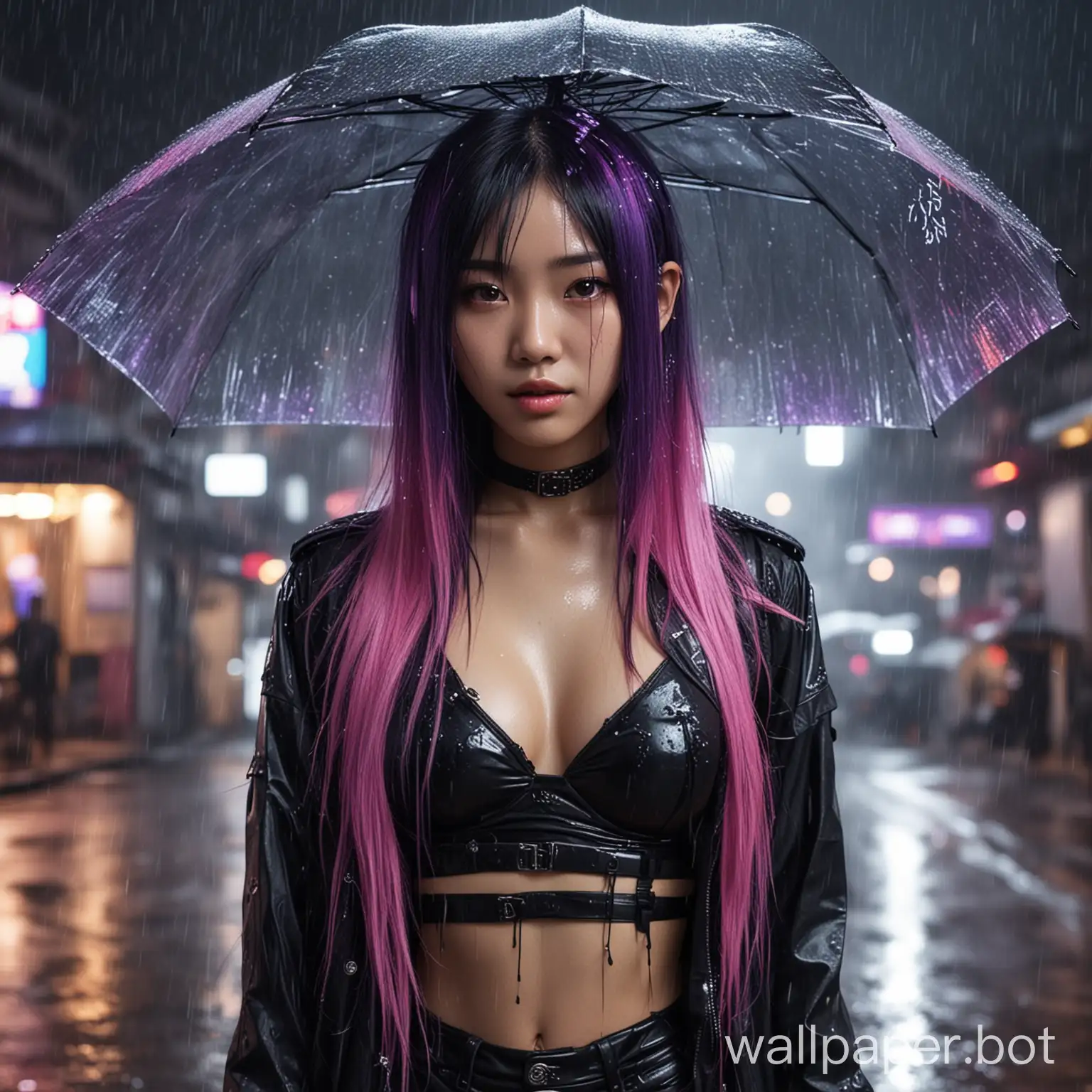 Asian cyberpunk chinese girl with half purple half pink long  hair , in the rain at night wearing black