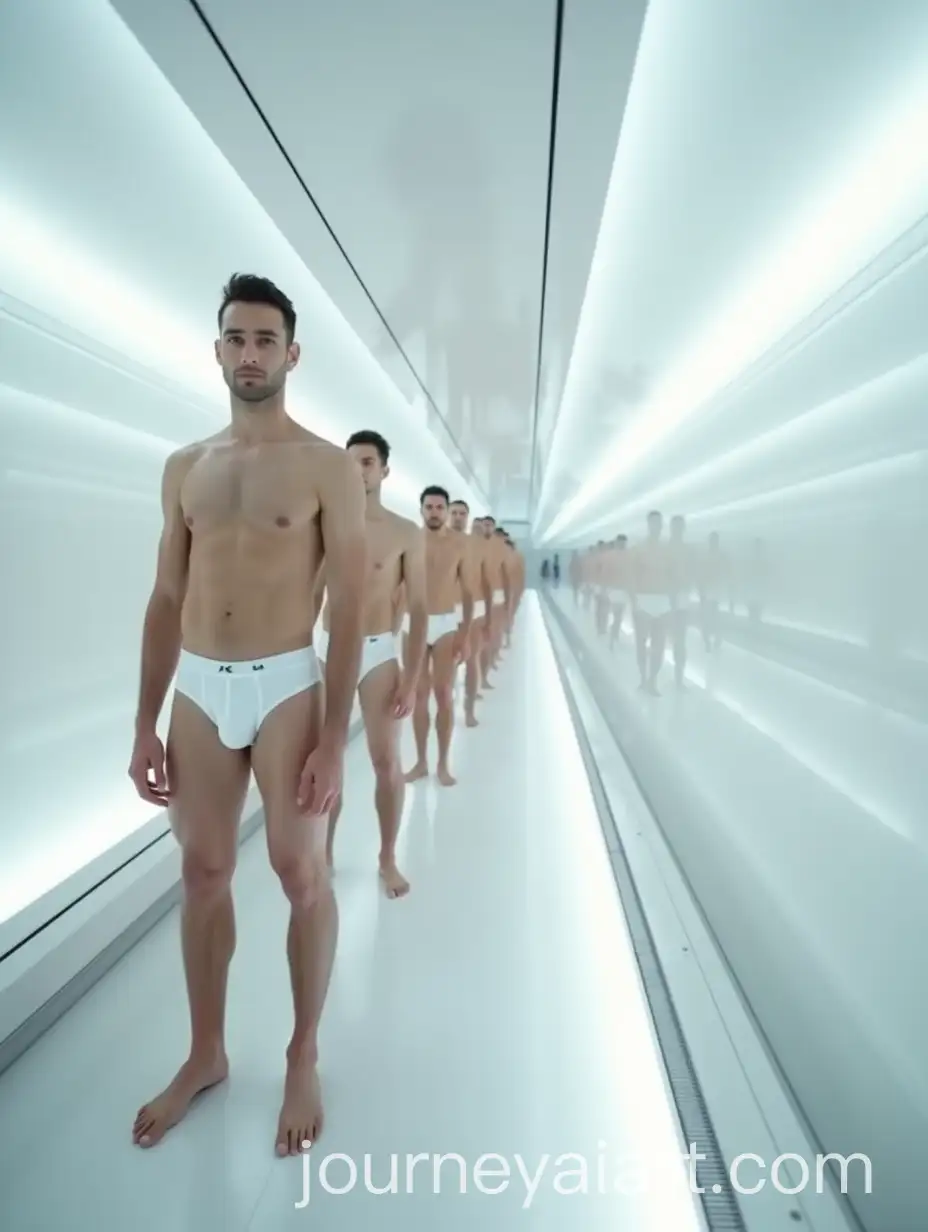 Futuristic-Metallic-Corridor-with-Men-in-White-Underwear