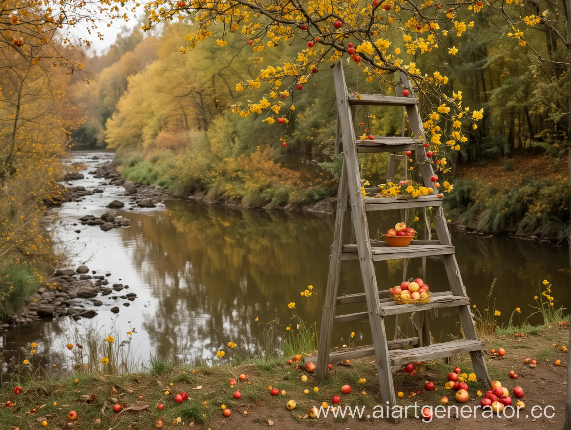 Autumn-Scene-with-Wooden-Ladder-Apples-and-Yellow-Flowers