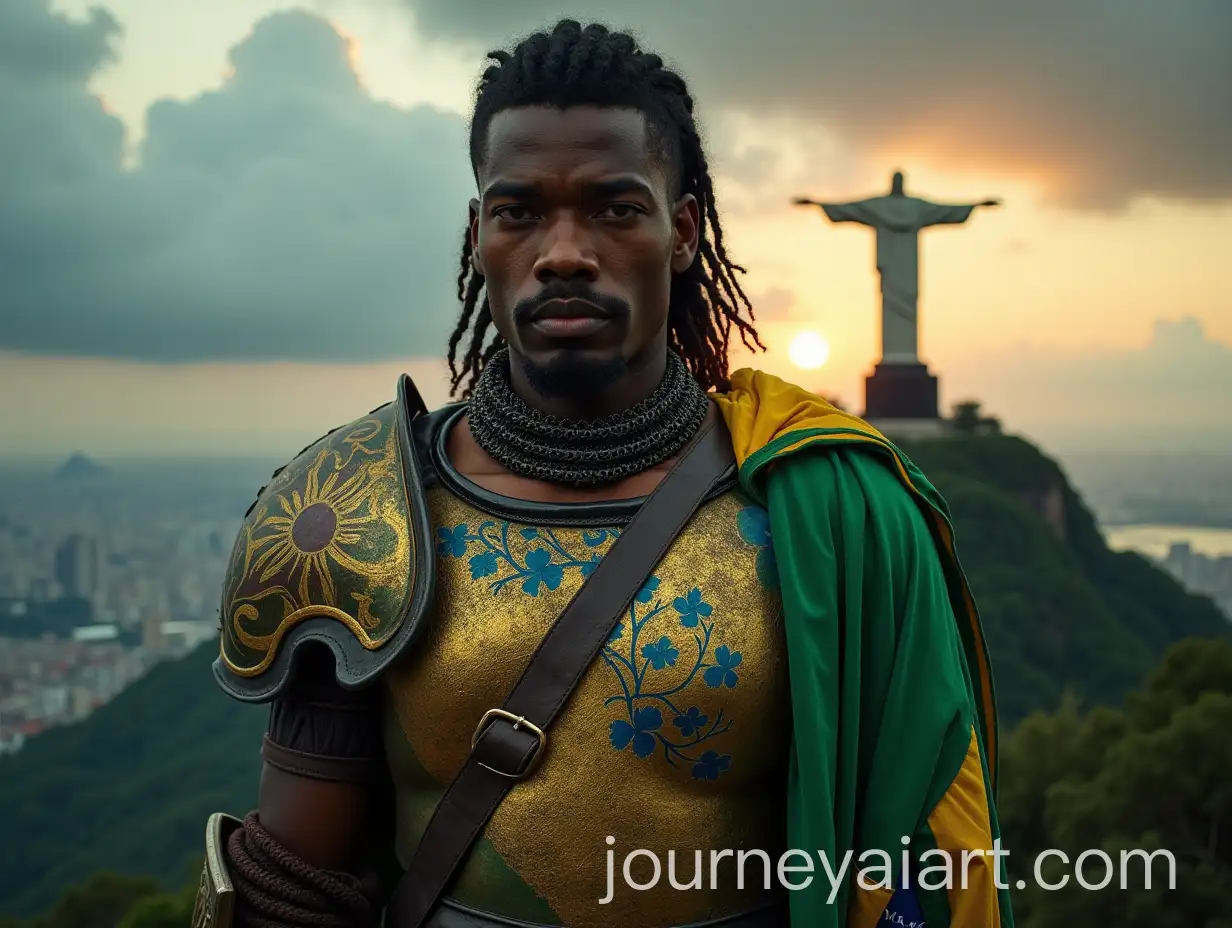 Cinematic-Portrait-of-a-Brazilian-Warrior-in-Vibrant-Medieval-Armor