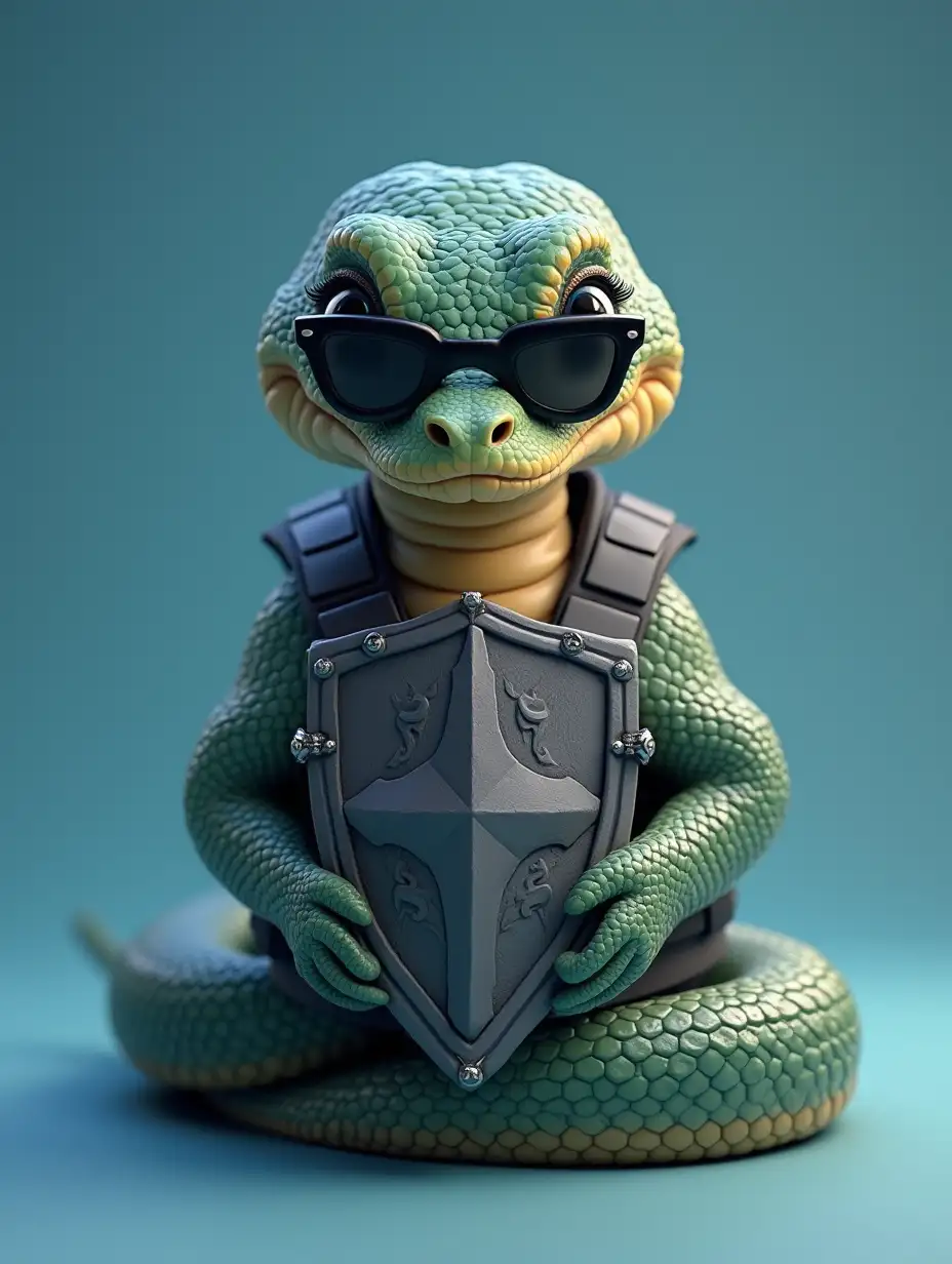 a beautiful cute snake from Disney in full growth, wraps around a heraldic shield, in a bulletproof vest, in narrow black sunglasses, delicate blue background, hyperrealism, high detail, Disney, graphic art, realism. 3d,flavie