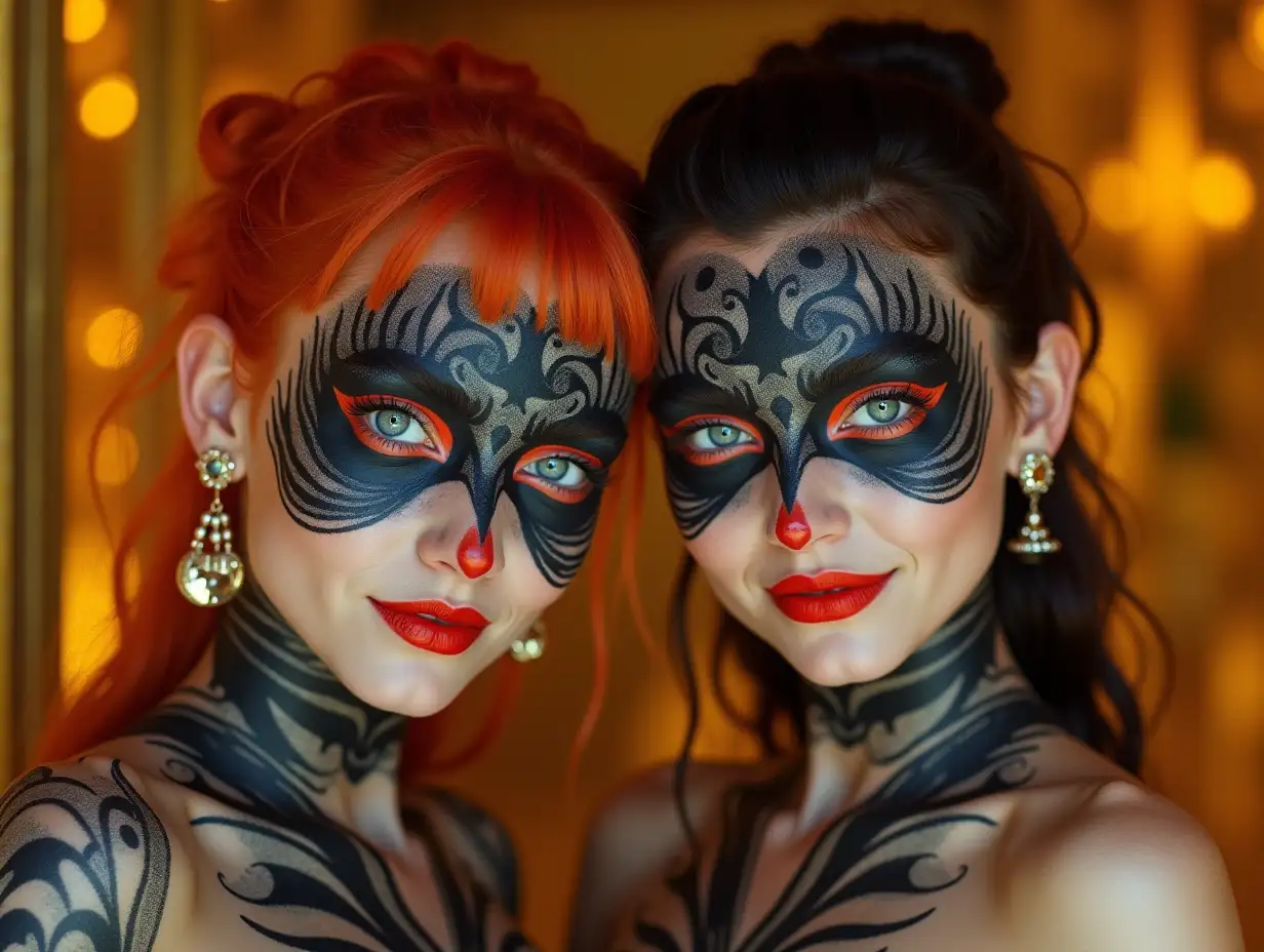 Two young women with black and white patterned faces, like alien, with red hair, with a slight smile on their faces, accentuating their smiles, wearing modern retro jewelry, in a temple with much gold in various shades 4k