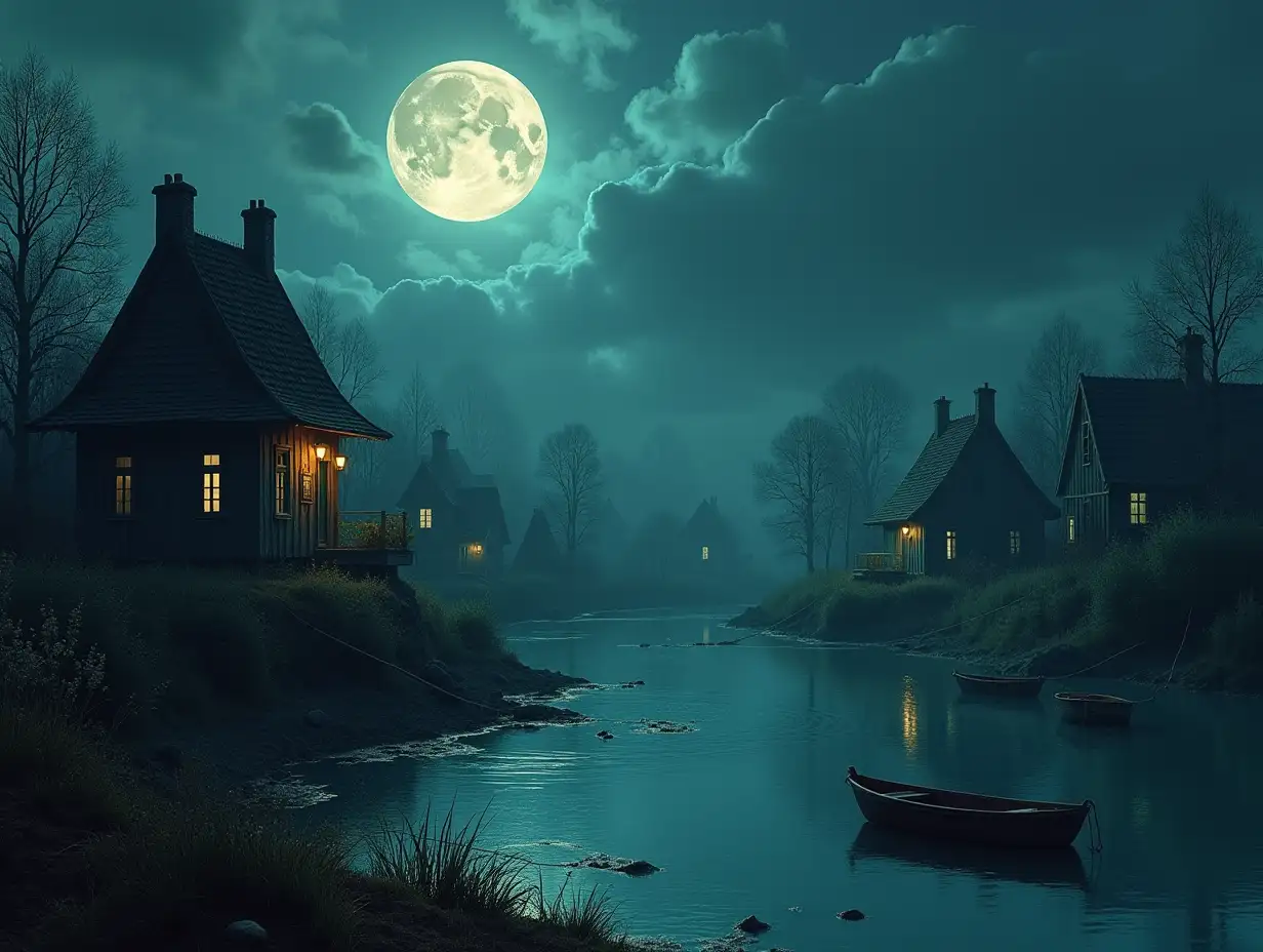 Dreamlike houses next to a river with fishing nets and a small boat,Moon's scary world