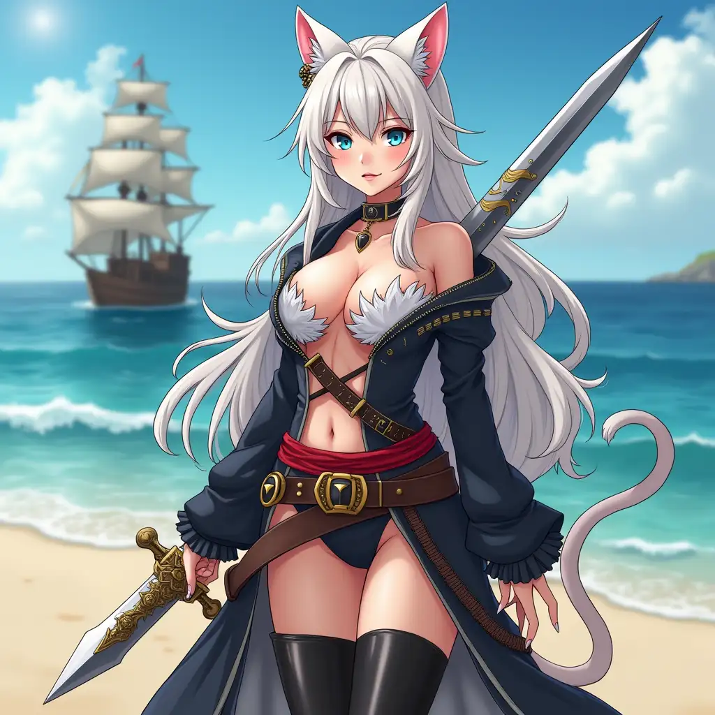 A mature adult tall feline/woman dressed as a pirate with a sword on a beach. A pirate ship in the background. Her 30-something years are disguised by her youthful facial features, except for her subtle wrinkles around the eyes, extremely slender body. Her ample bosom strains against her clothing, threatening to burst free from the fabric, extreme cleavage. Midriff. Wearing black thigh high pirate boots. She has piercing blue cat eyes. A choker adorns her neck, a subtle hint at her feline nature. Her long, white hair cascades down her back like a wild waterfall, tangled and disheveled. Her cat-like teeth glint in the light, as her white fur-lined ears punctuate her visage with sparkling black and gold earring adorns each ear, adding a touch of elegance to her feline features. Cat whiskers on her face. The attached tail at the base of her spine stirs lazily. Long fingernails. Full body view. Anime.