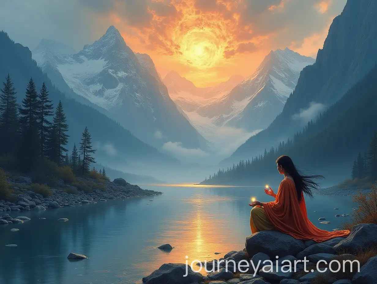 Goddess-Sati-Collecting-Rudraksha-from-River-Below-Snowy-Mountain-with-Glowing-Trishul