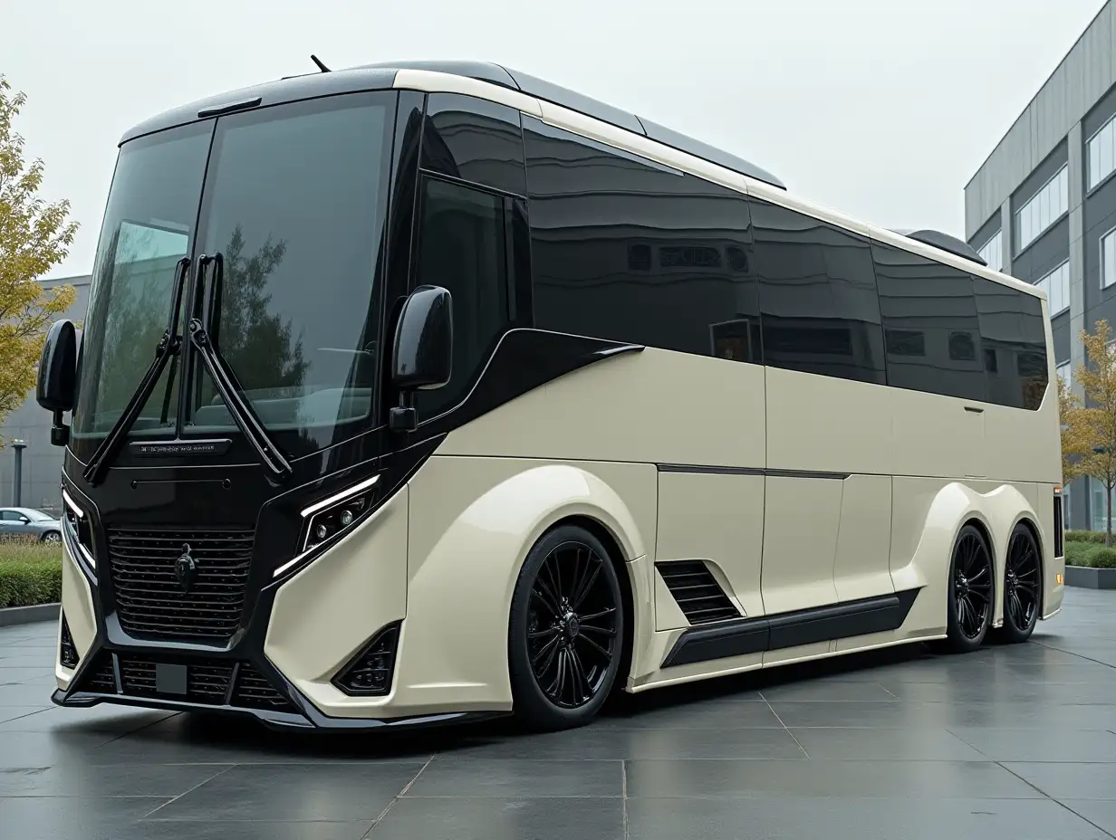 Supermodern bus with spoilers, lowered, aluminum wheels, cream, black colors, Cyberpunk