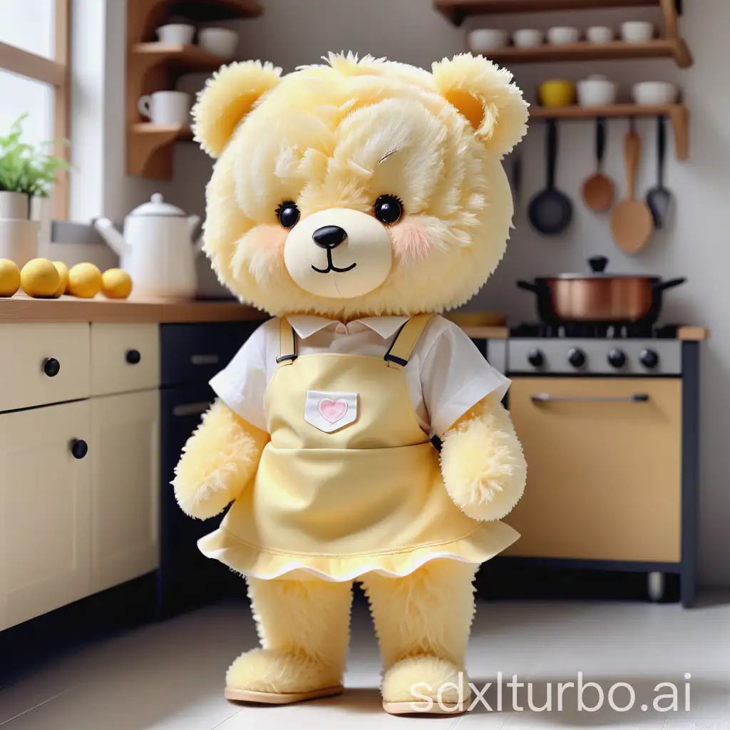 Super cute little fluffy light yellow teddy bear, beautiful and fresh color, full body, standing anthropomorphically, wearing a cute round apron and cute slippers, very cute,