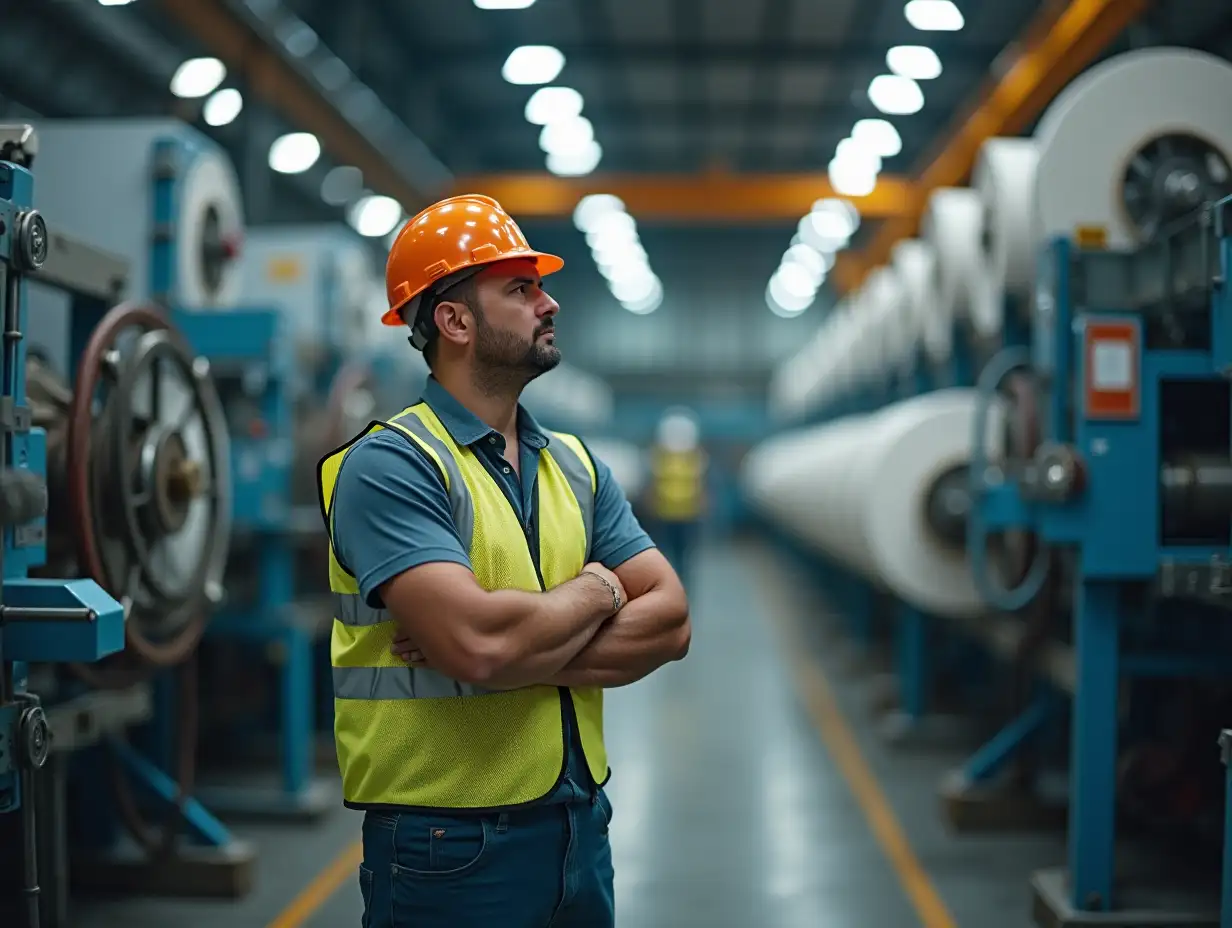 Industrial worker in pulp paper plant emphasizing safety and production processes. Concept Industrial Safety, Production Processes, Pulp Paper Plant, Worker Efficiency, Occupational Hazards