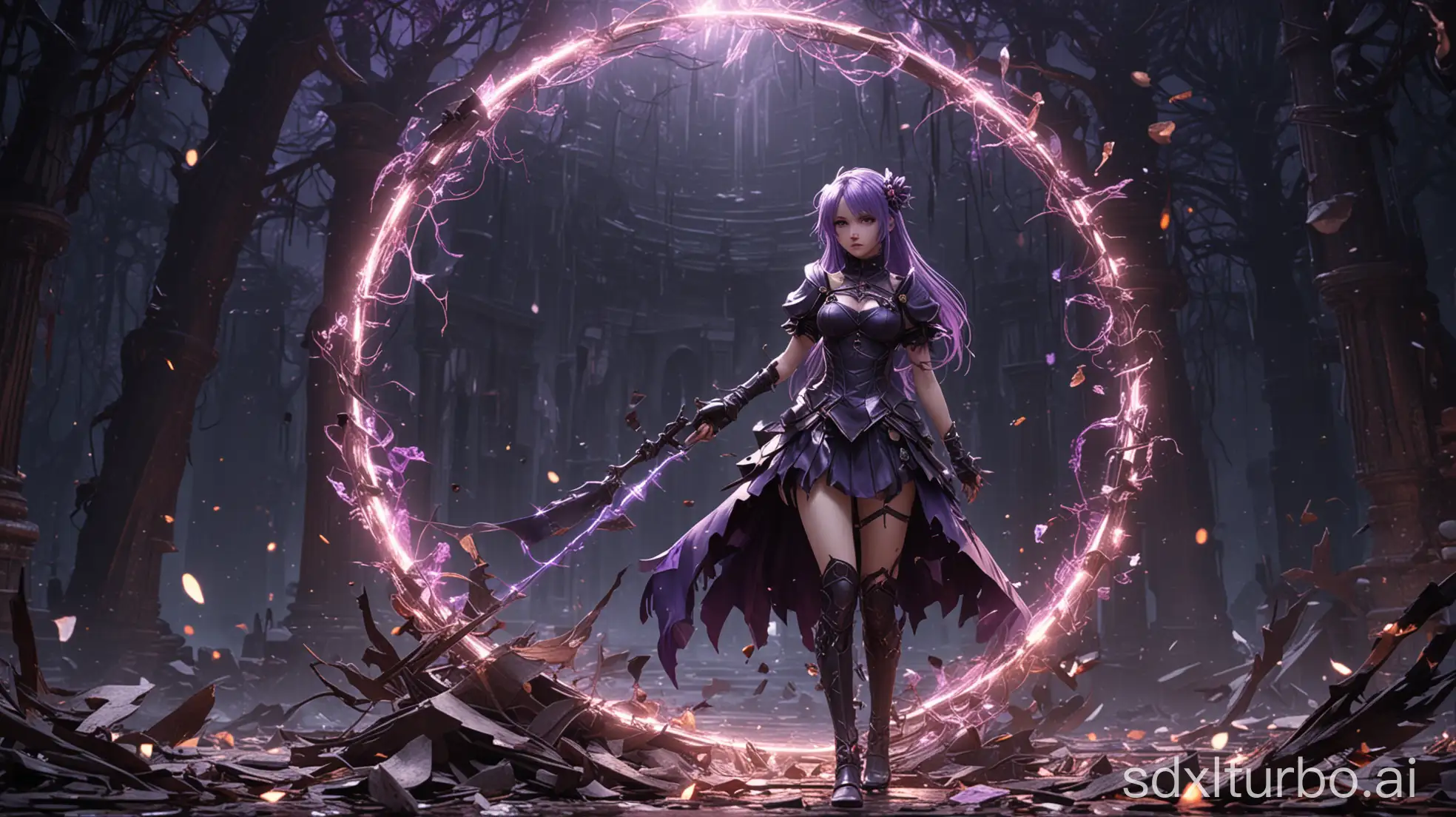 masterpiece, best quality, ultra-detailed, (fallen magical girl:1.3), (dark transformation:1.2), broken magical accessories, (corrupted magical outfit:1.1), tattered costume, (shadowy tendrils:1.1), dark magic, glowing sigils, empty gaze, disheveled hair, gradient purple hair, cracked magical gem, (dark aura:1.2), floating magical fragments, sinister atmosphere, fantasy background, ruined shrine, dramatic lighting, detailed fantasy elements, magical circle, fantasy illustration, (power corruption:1.3), shattered magical items, detailed clothing, fantasy art style, dynamic composition
