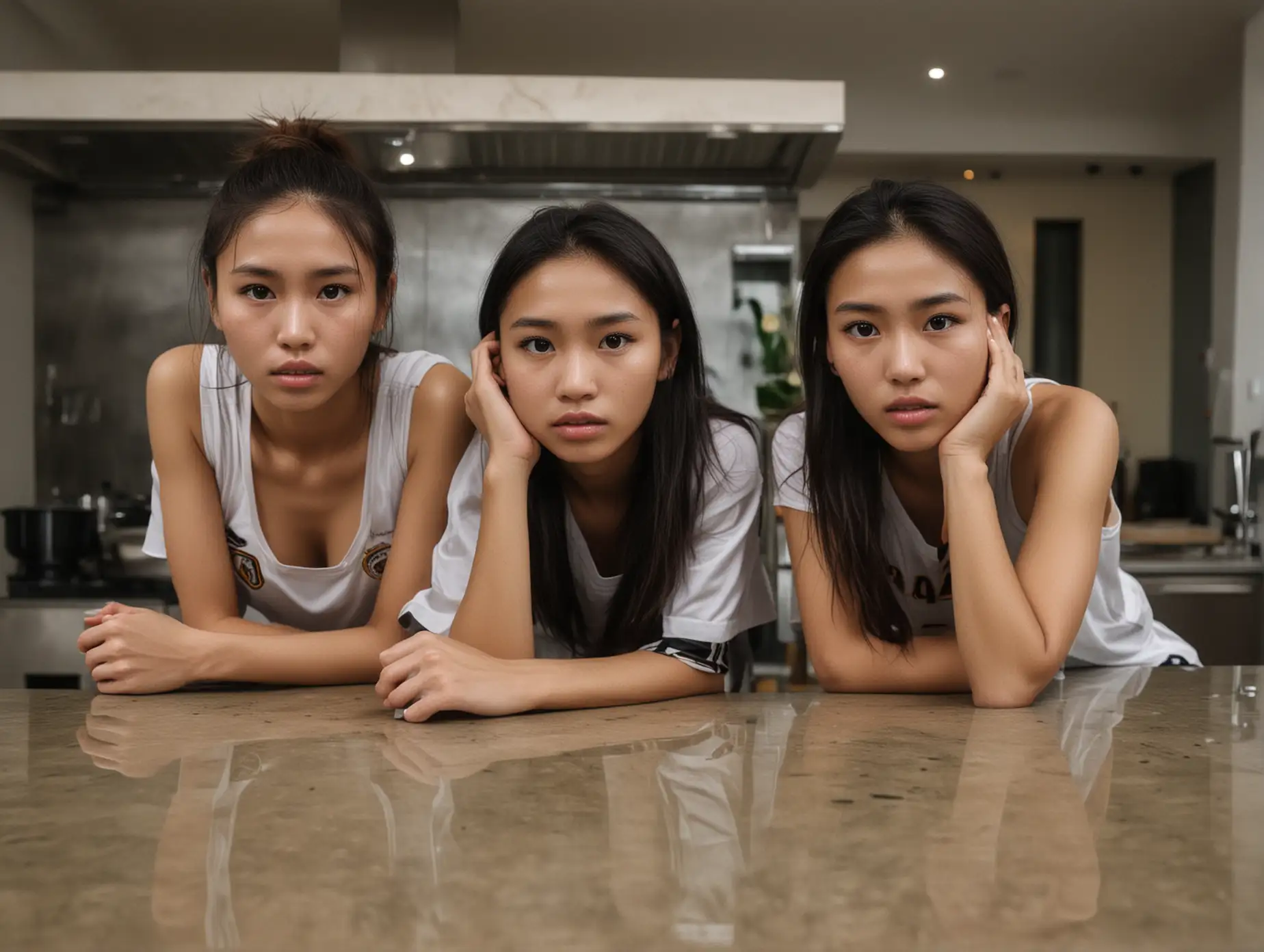 faces of three beautiful skinny indonesian college soccer players in a luxury penthouse kitchen in shanghai staring at the camera with desperate longing