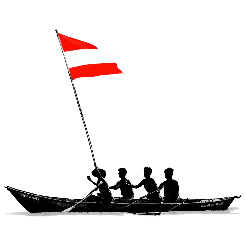 PNG-Image-of-Young-People-Competing-in-a-Boat-Race-with-Red-and-White-Flag-Against-a-Sunset-Horizon