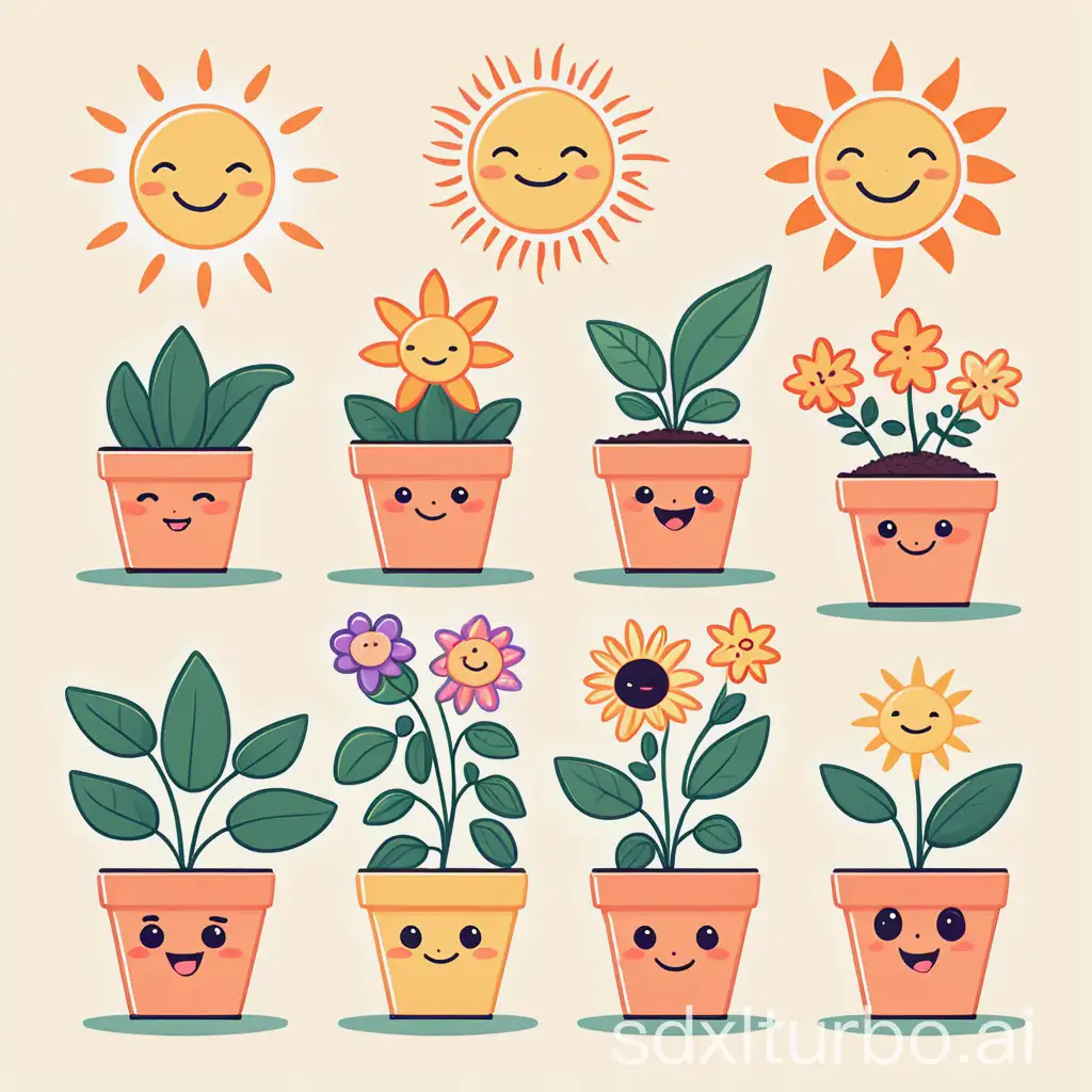 Use cute, cartoon-style plant illustrations (e.g., smiling flowers, small potted plants, and the sun).