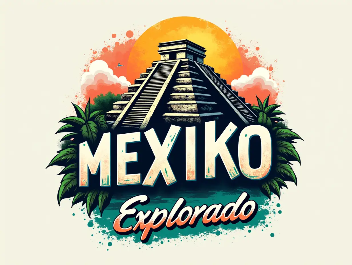 Create a logo for 'Mexiko Explorado' that represents the essence of travel and exploration in Mexico City. Incorporate iconic symbols or imagery related to Mexico, such as the Aztec calendar, the Pyramid of the Sun, or the city's vibrant street art. The logo should be modern, bold, and eye-catching, with a mix of bright colors and textures