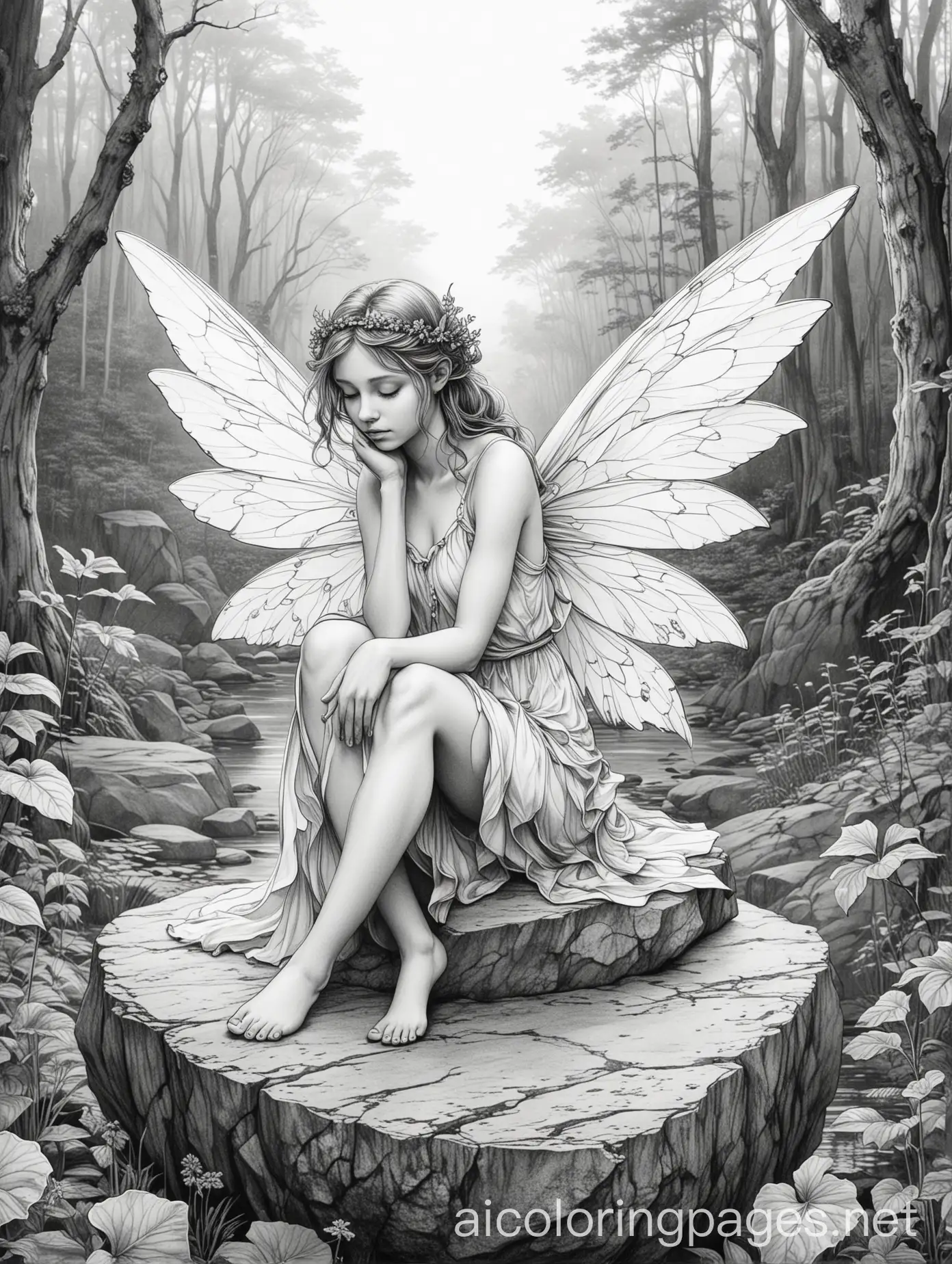 Sad-Fairy-with-Wings-Sitting-on-a-Rock-in-a-Forest