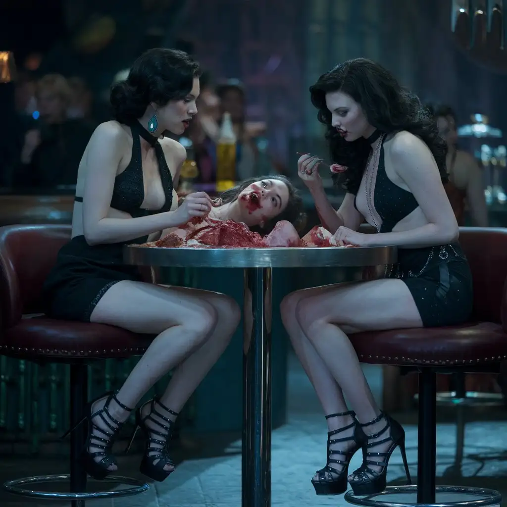 Bar For FEMALE Monsters. Two Very beautiful vampireses Charlize Therons In Sandals with high heels, and deep neckline sit at a high table, indulging in a grisly feast of a young female, cinematic, photo , 4k